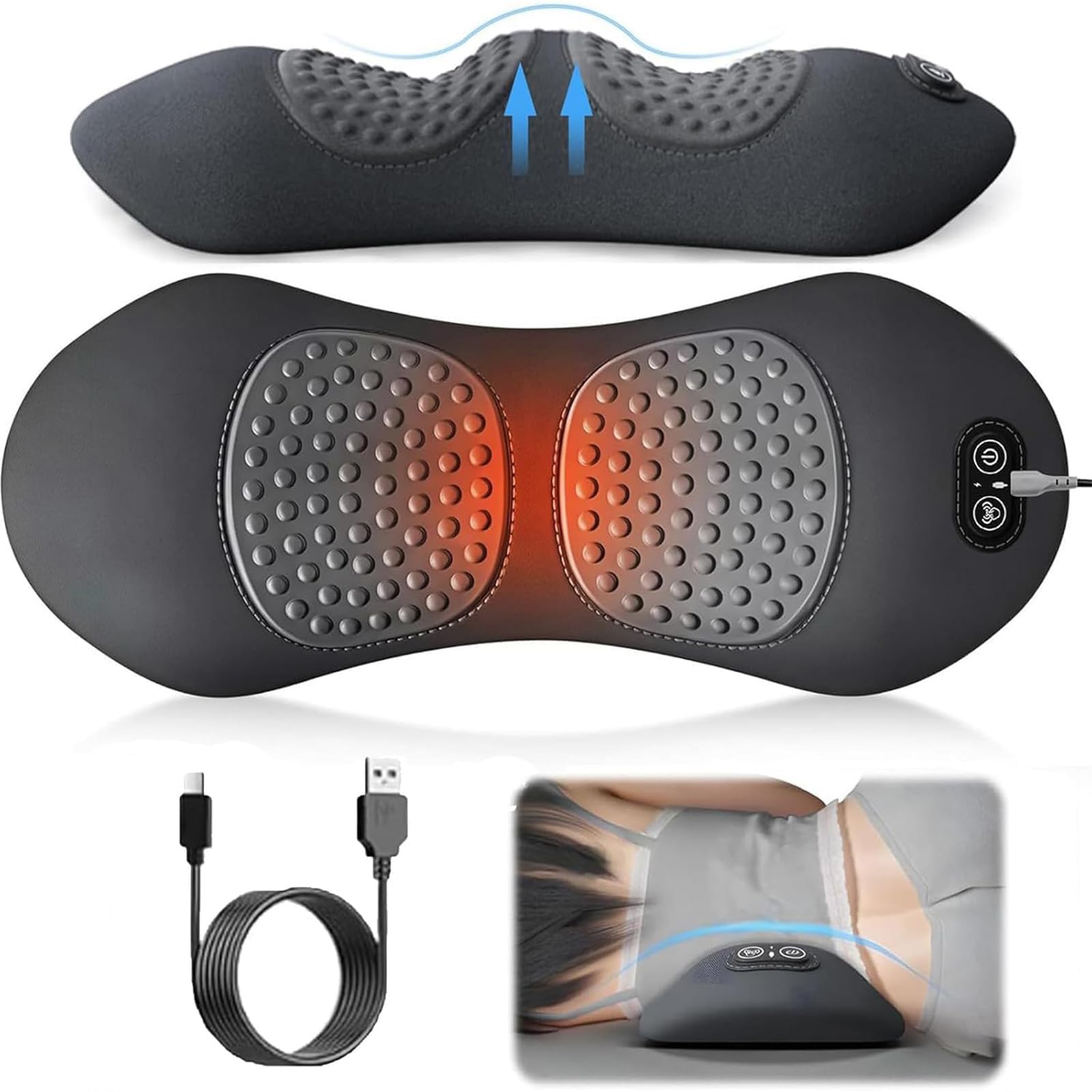 Masaje de Espalda 3 en 1, Masajeador de Espalda Triple Fusion, Levantamiento de Tracción, Masaje de Vibración y Compresa de Calor, Soporte Lumbar Ergonómico