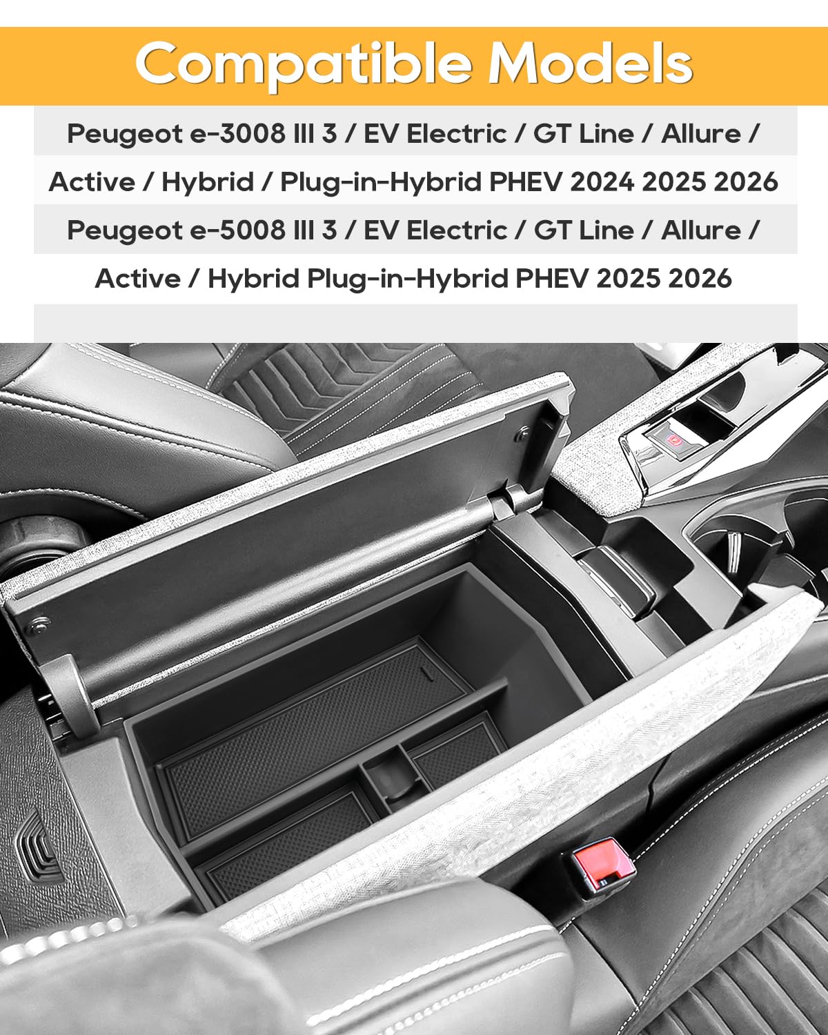 LFOTPP Caja de almacenamiento para consola central compatible con Peugeot E-3008 E-5008 EV GT Allure 2024 2025, E3008 P64, organizador de reposabrazos, bandeja para reposabrazos central, guantera