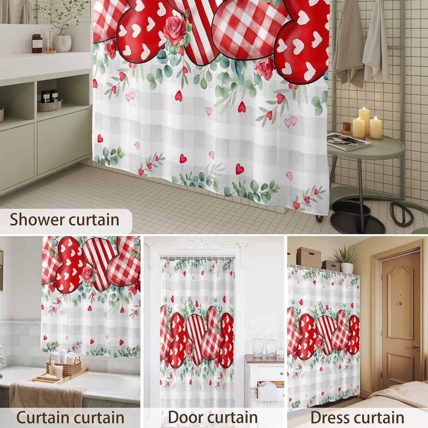 Valentine's Day Shower Curtain Love Heart Rose Bathroom Curtains with Hooks, Waterproof Fabric Eucalyptus Leaves Plaid Shower Curtains Set for Bathroom Bathtubs Valentine Holiday Decor Gift 72x96 Inch