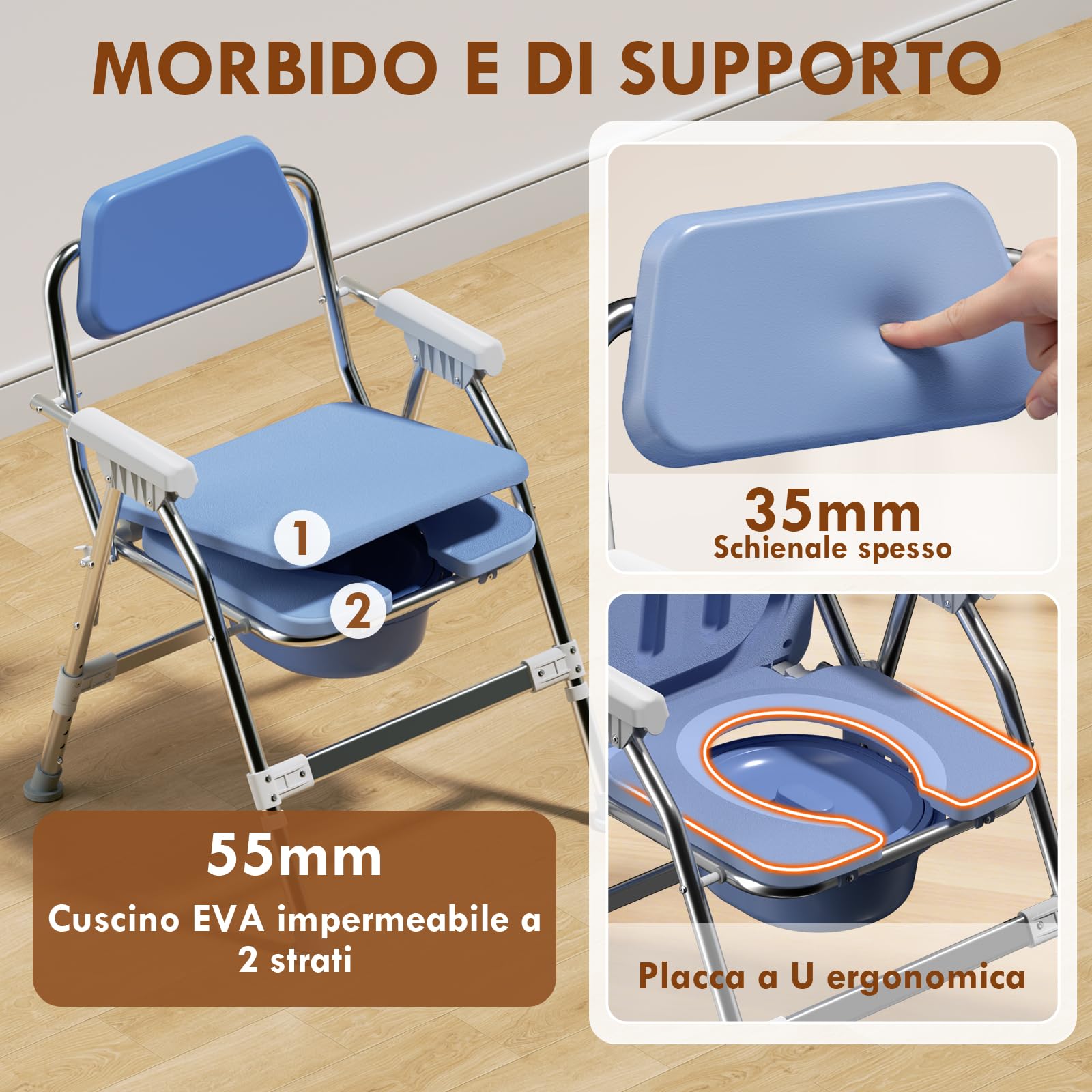 Sedia WC 4 in 1 per anziani: schienale ergonomico girevole regolabile in altezza, sedia da doccia pieghevole con cuscino in EVA, telaio stabile in acciaio inox