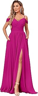 Off The Shoulder Bridesmaid Dresses with Pockets Ruched Chiffon Long Slit Formal Evening Gown - Buy now