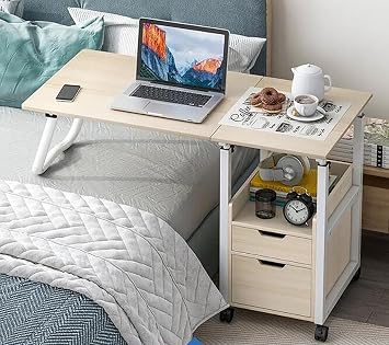 Portable Overbed Table, 2 in 1 Overbed Table, Foldable Medical Bedside Table with Drawers and Wheels,Height Adjustable Overbed Nightstand, End TableBrown