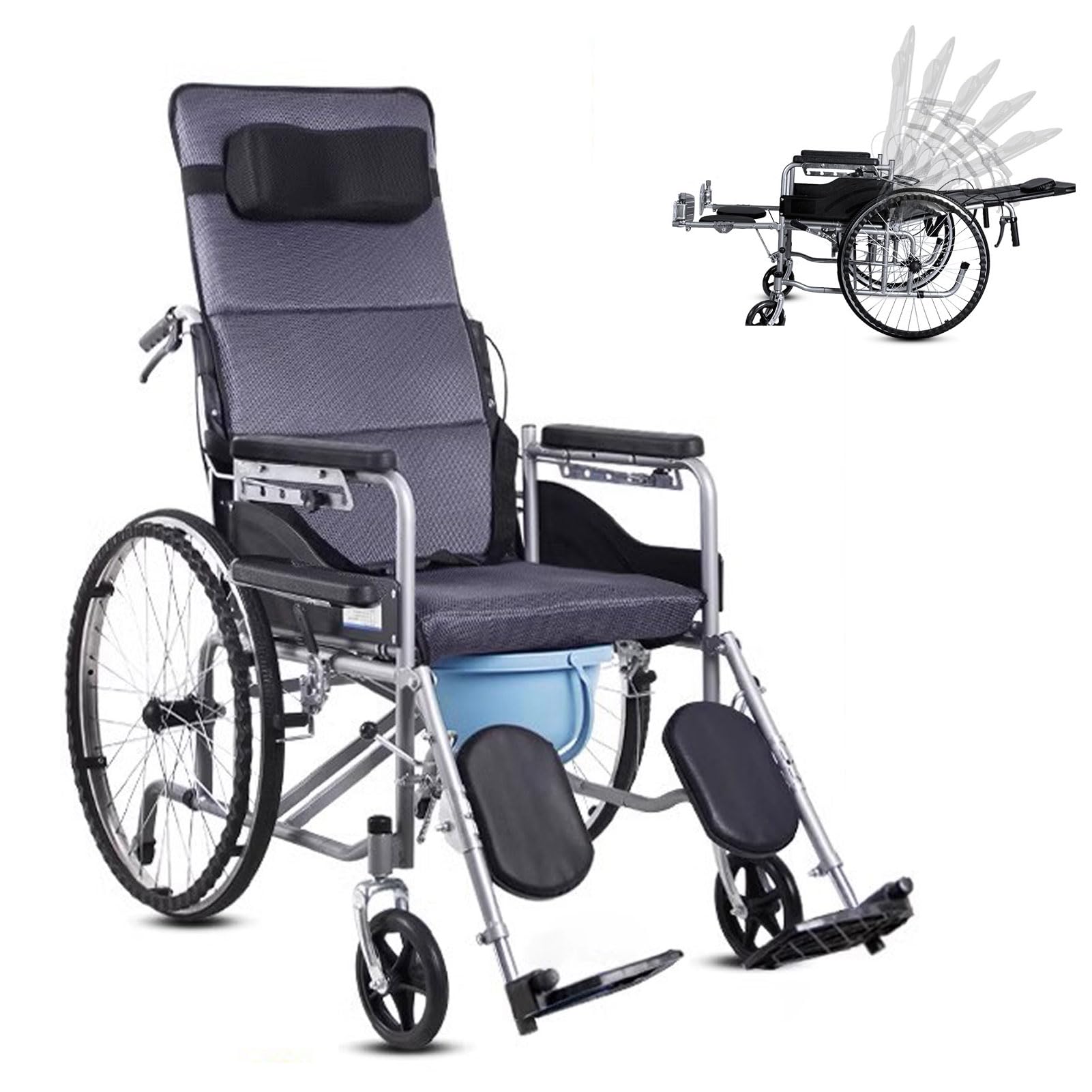 Silla de ruedas plegable reclinable Silla con inodoro Respaldo alto Reposacabezas extraíble Reposapiernas liviana Sillas de ruedas para discapacitados y ancianos