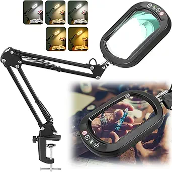 IVMAIE 10X Magnifying Glass with Light, Rectangle Real Glass, 5 Color Modes, Stepless Dimmable, Clamp Desk Lamp with Swing Arm, Hands-Free for Reading and Crafts