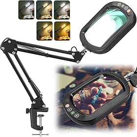 IVMAIE Lupa De Aumento 10X Com Luz, Retangular, Em Vidro Verdadeiro, Com 5 Modos De Cor E Intensidade Ajustável, Com Suporte, Luminária De Mesa Com Braço Articulado E Luz Led, Mãos Livres Para Leitura