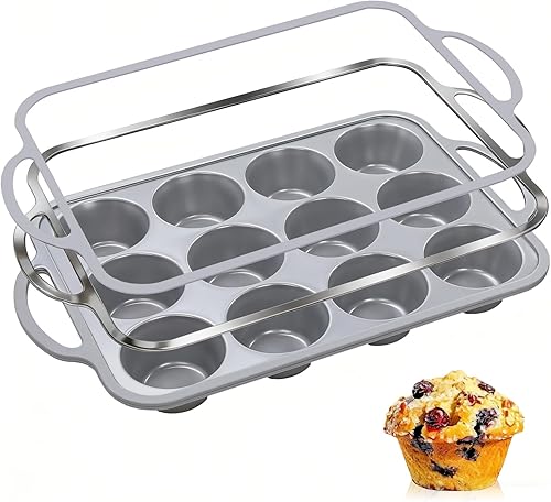 Miniatura 13 de Molde de silicona para magdalenas con marco de metal, molde antiadherente para hornear 12 tazas para magdalenas y magdalenas, apto para lavavajillas