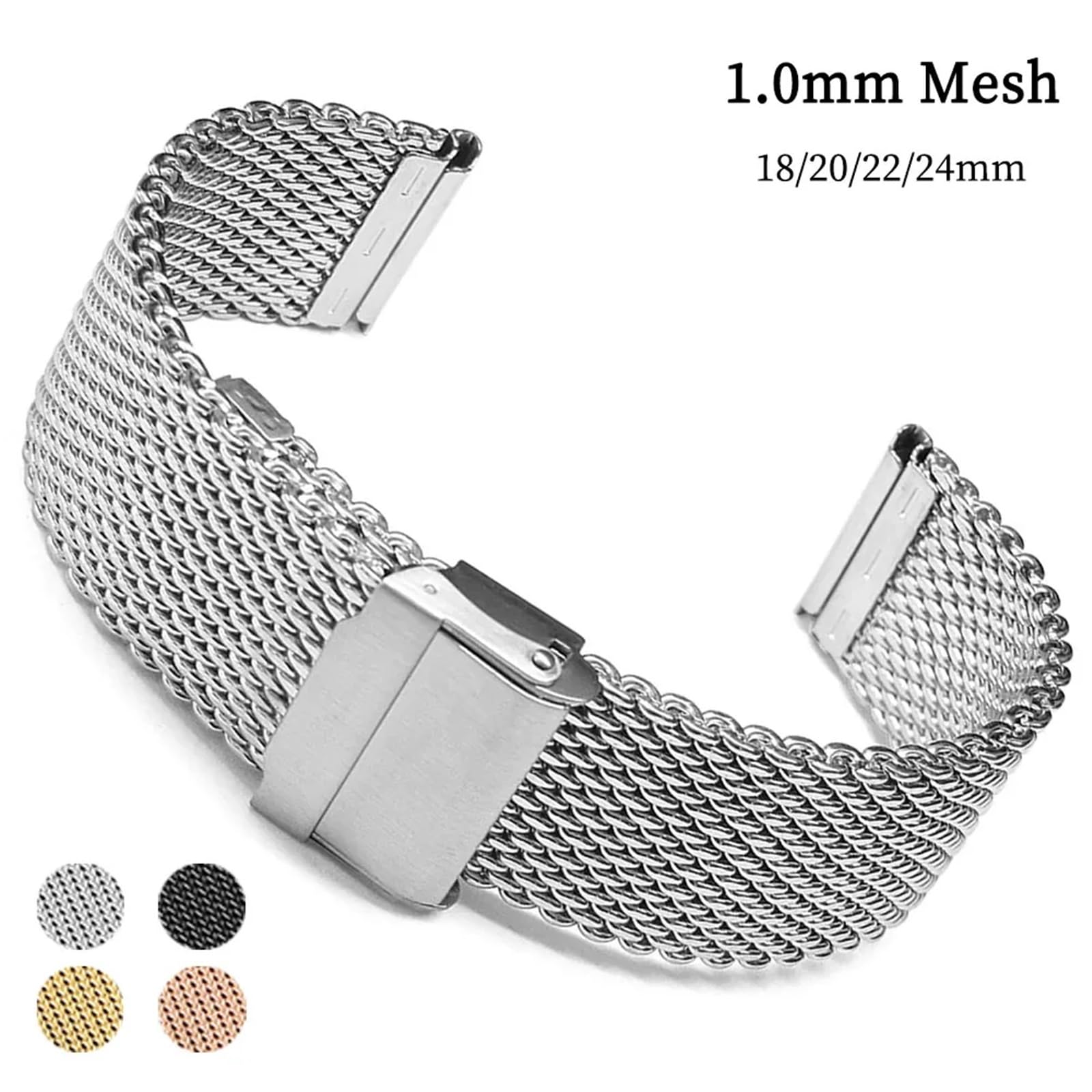 1,0 mm Milanaise-Mesh-Armband, 18 mm, 20 mm, 22 mm, 24 mm, Uhrenarmband, 3 mm Dickes Edelstahl-Armband, universelle Faltschließe