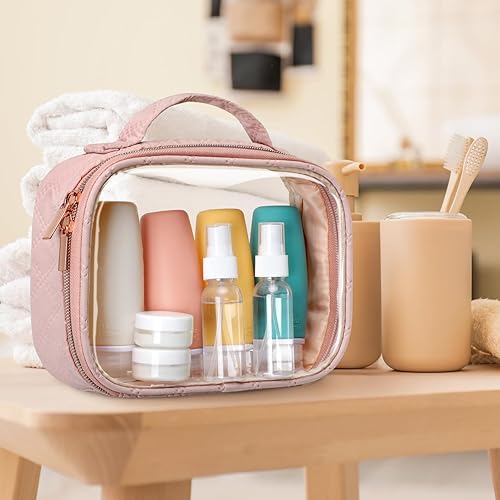 Miniatura 7 de PACKISM Bolsa de aseo aprobada por la TSA con botellas, artículos esenciales de viaje, paquete de 8 botellas de viaje de silicona de 3.4 onzas a