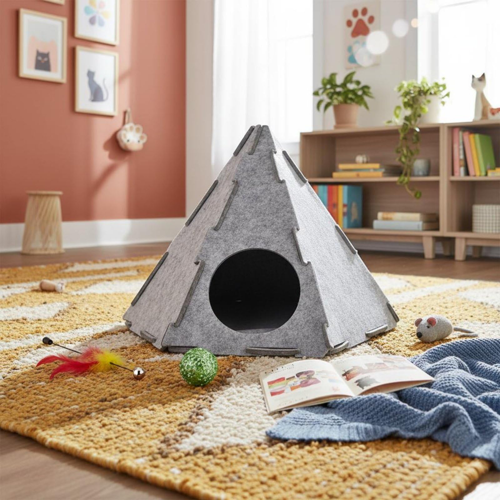 Filz Katzenhöhle Katzenbett Katzenhaus Katzenversteck Im Stilvollen Kegel mit Hexagon Kuschelige Umgebung Temperaturausgleichend Und Luftig Zerlegbar
