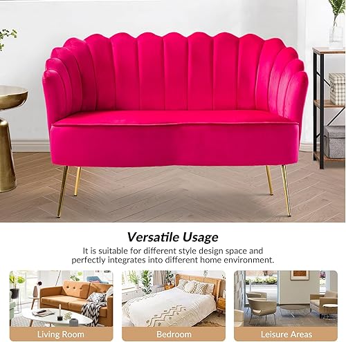 Miniatura 306 de HULALA HOME Moderno sofá biplaza de terciopelo con respaldo en forma de flor, cómodo sofá tapizado de 2 plazas con patas de metal dorado, sofá