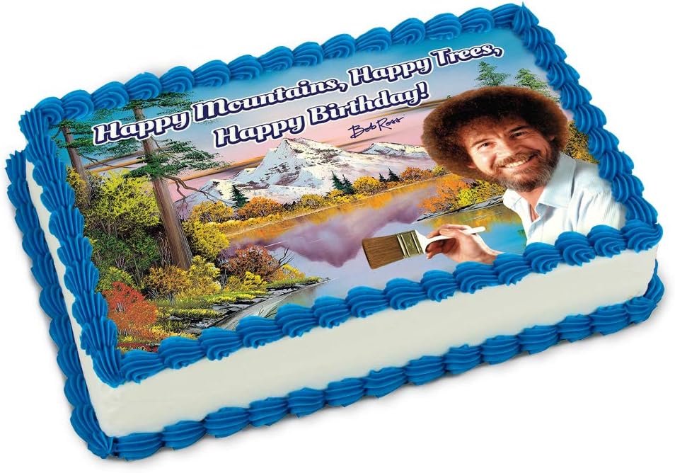 Bob Ross Printed Cake Icing Sheet (Happy Birthday) Edible Cake Decorating Kit; Create a Happy Little Birthday with this image of Bob, perfect for Birthdays, Art Parties, or just the Joy of Painting.