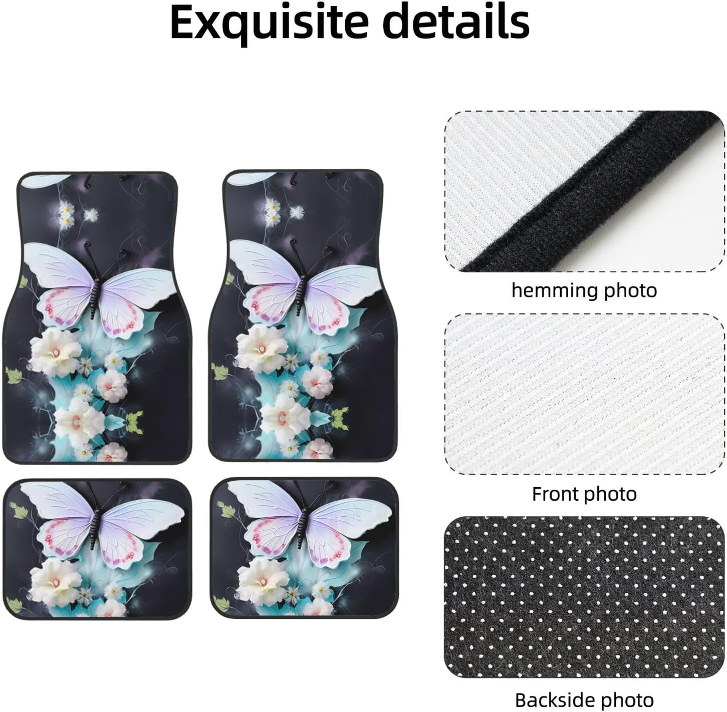 White Butterfly Patterned car mats 4-piece set | For cars/SUVs/trucks | Firm fit without displacement