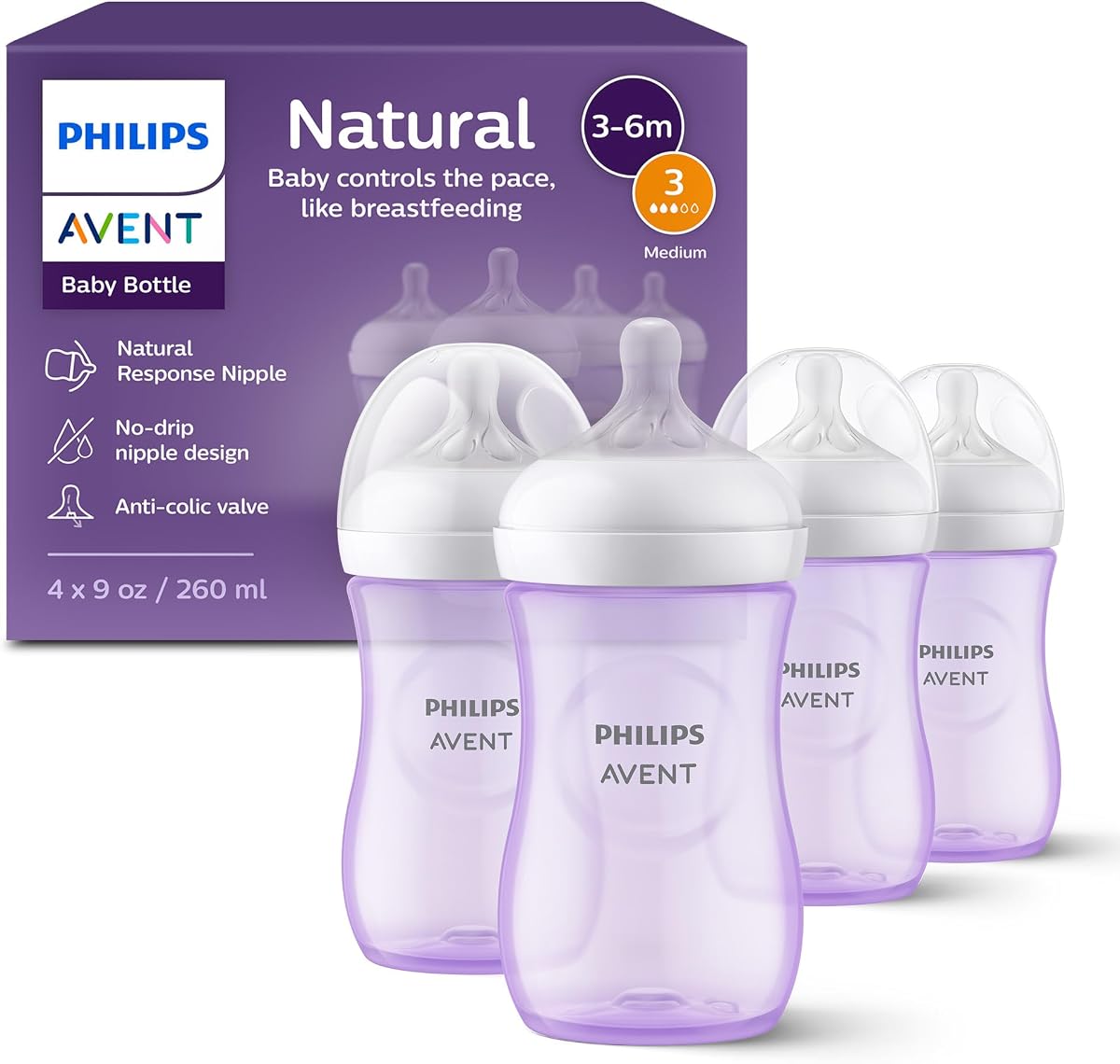 Biberones naturales Philips Avent, flujo medio, 9 oz, sin BPA, paquete de 4 | Flujo controlado por el bebé, diseño sin goteo, reduce los cólicos y los gases con válvula anticólicos, morado, SCY903/34