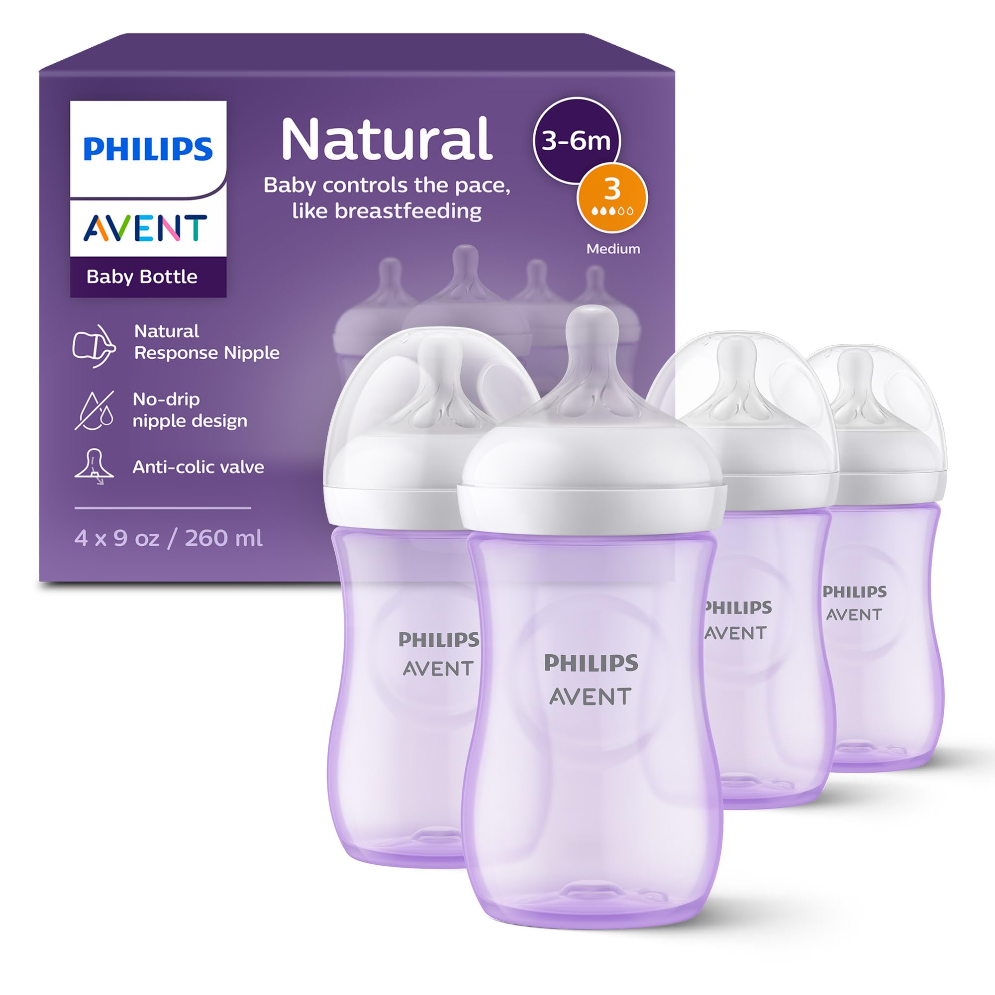 Philips Avent Natural Baby Bottles with Natural Response (Medium Flow, Flow 3), 9oz, Purple, 4-Pack, SCY903/34