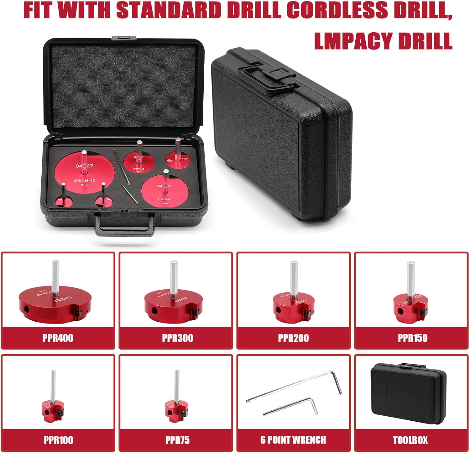 PVC Pipe Reamer, 6 Piece Plastic PVC Pipe Fitting Saver Kit Fit into Standard 1/2" Drills PVC Socket Saver Tool Contains 3/4inch, 1inch, 1-1/2inch, 2inch, 3inch, 4inch Head