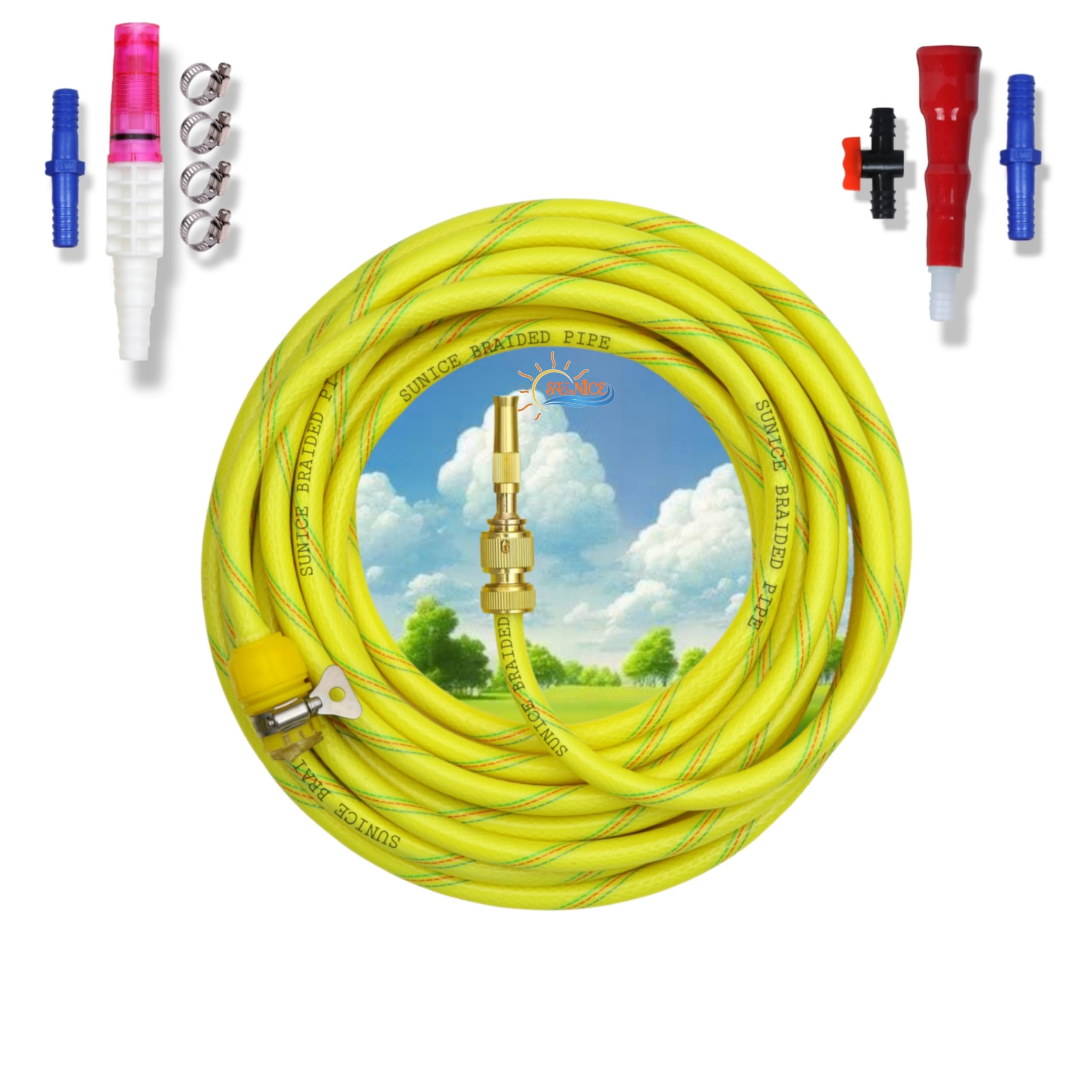 SUNICE 15 Meter Neon Flexible Hose Pipe, Spray, Adapter (Pipe Diameter ½’’ inch, 0.5 Inch, 12 mm) Gardening, House Cleaning,Car and Bike Washing Spray Gun (15 METER, NEON)