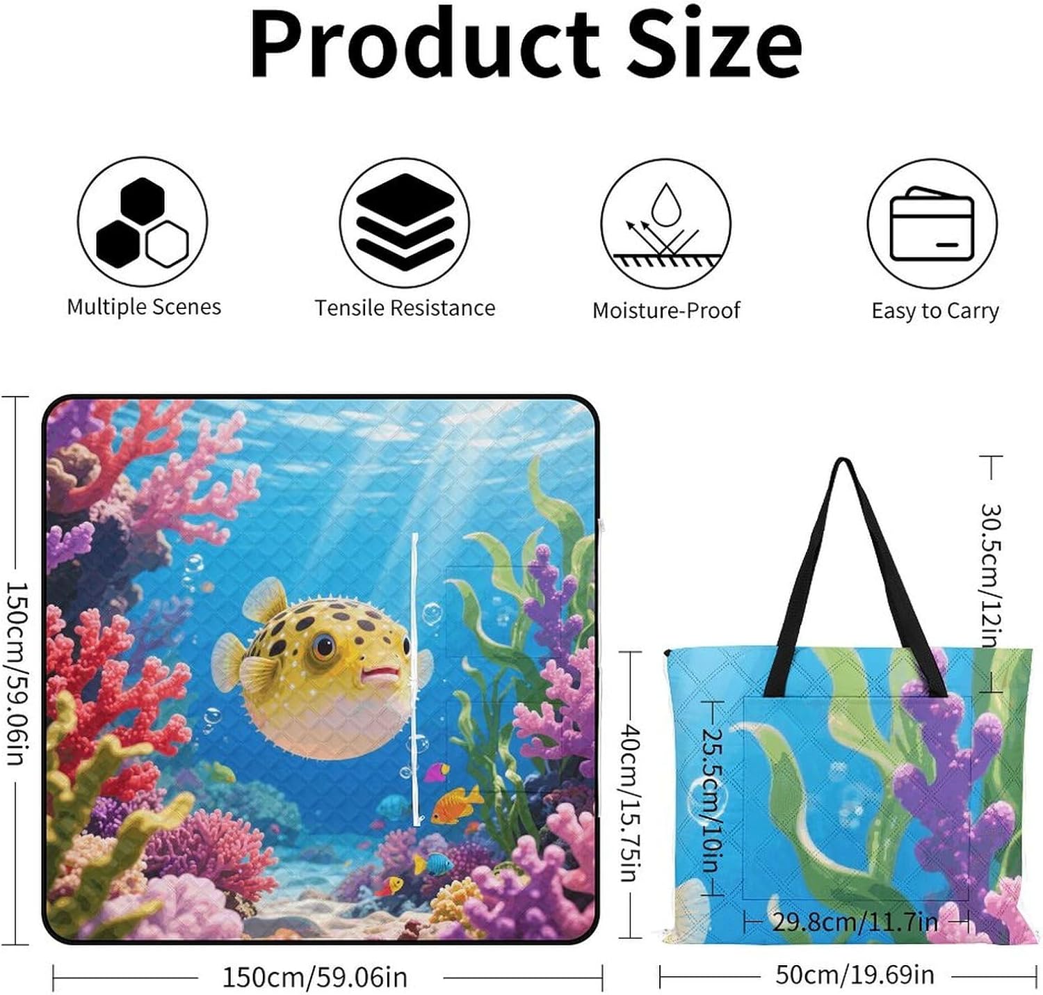 Fish Picnic Blanket 150x150cm, Foldable 2-in-1 Picnic Mat and Tote Bag Portable Waterproof Beach Mat Sandproof Outdoor Blanket for Park, Hiking, Beach, Camping, Travel