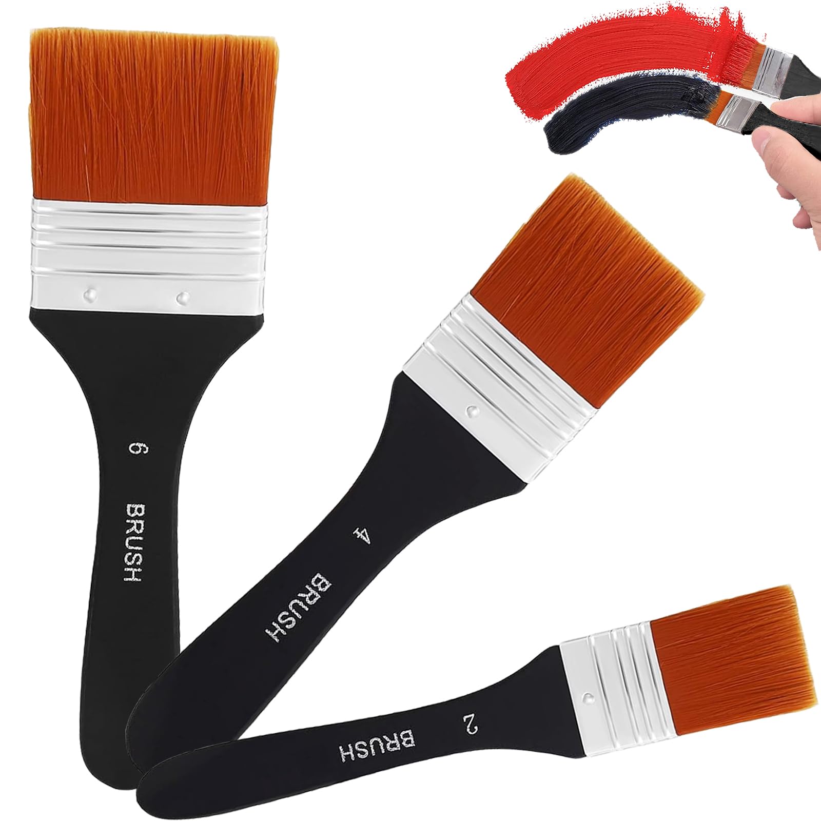 3 Piezas Plano Pincel, 20/40/60 mm Juego de Brochas Planas Profesional, Grande Nylon Pincel Pintura, Pintura Madera Cepillo para Acrílico,Aceite,Acuarela, decoración del hogar