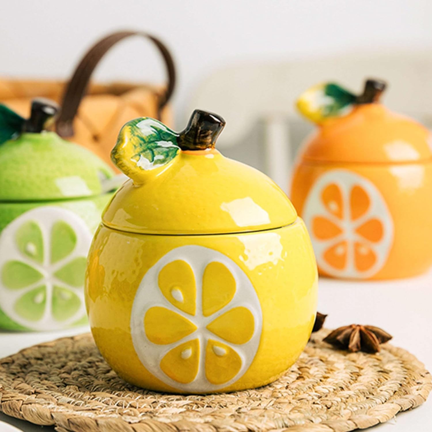 Kolorowa ceramiczna cukiernica z pokrywką i łyżką, zestaw 3 słoików (cytrynowy granat)