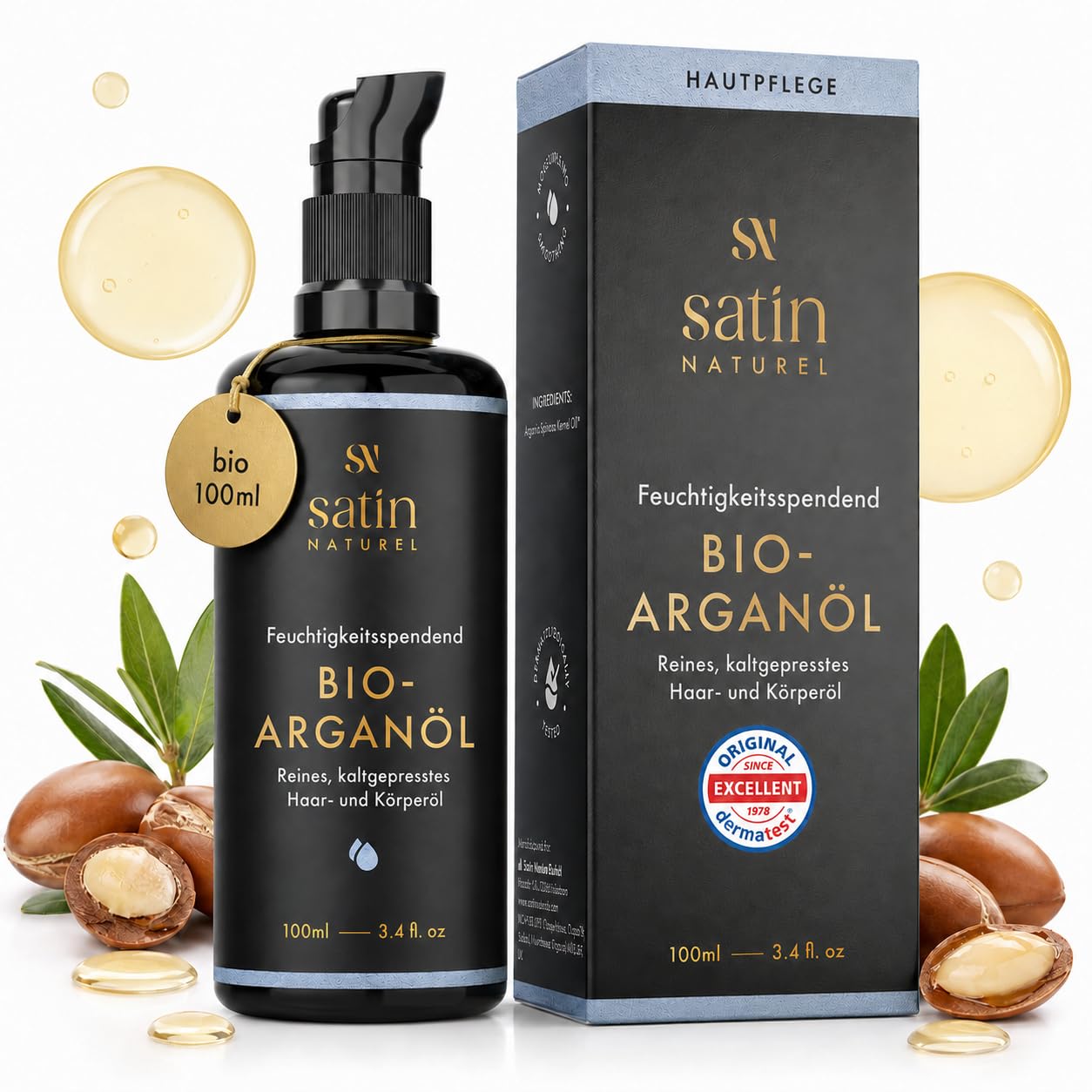 Satin Naturel Bio Arganöl 100ml – 100% Reines Kaltgepresstes Öl – Natürliches Pflegeöl für Haare, Haut, Nägel & Bart – Haaröl gegen Trockenes Haar & Kopfhaut, Zertifiziert Organisch