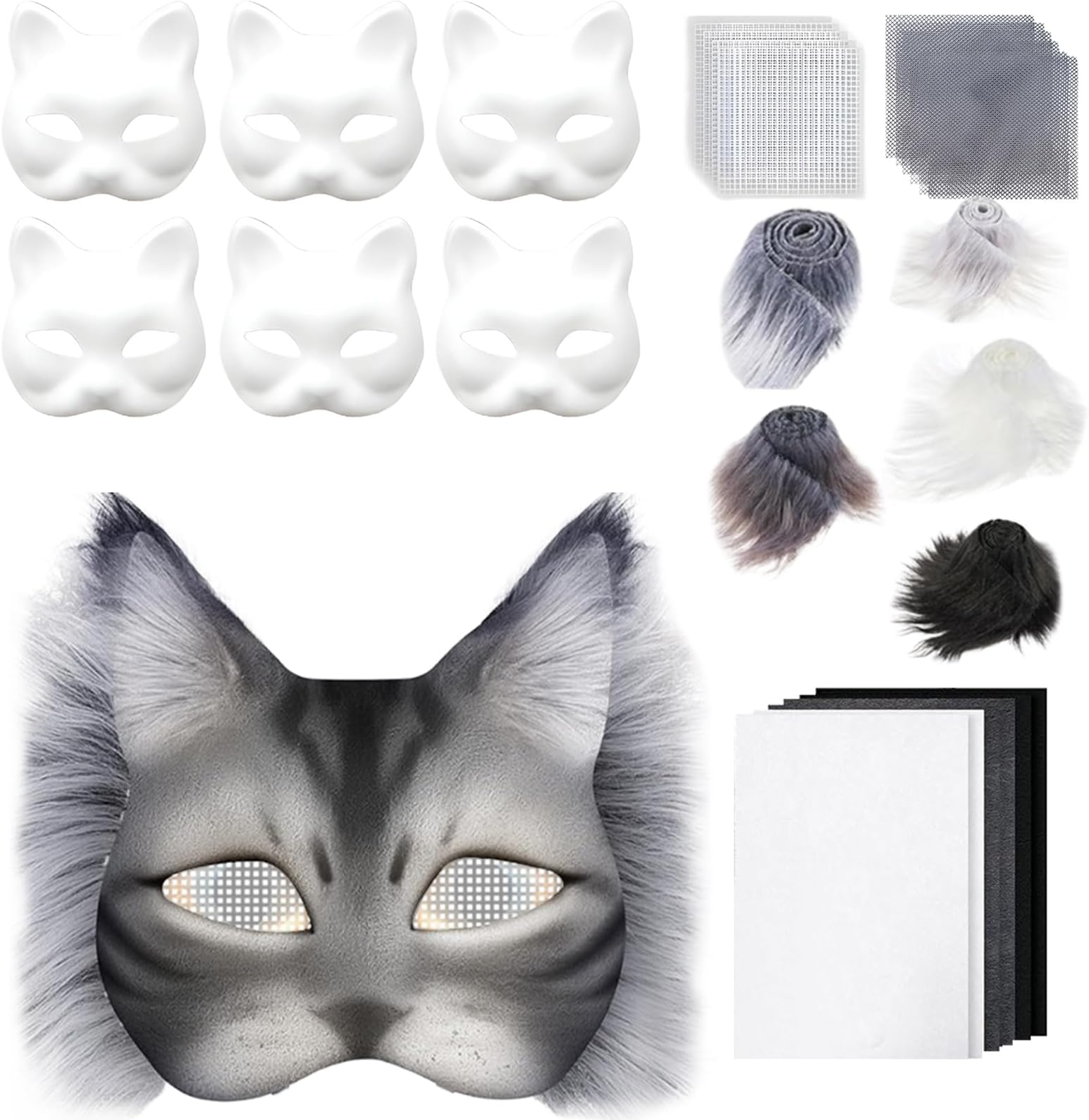 Therians Mask Kit, 6pcs Furry Therians Cat Mask Base With Faux Furs Fabric Felt And Eye Mesh, Therians Cosplay Clothes Accessories