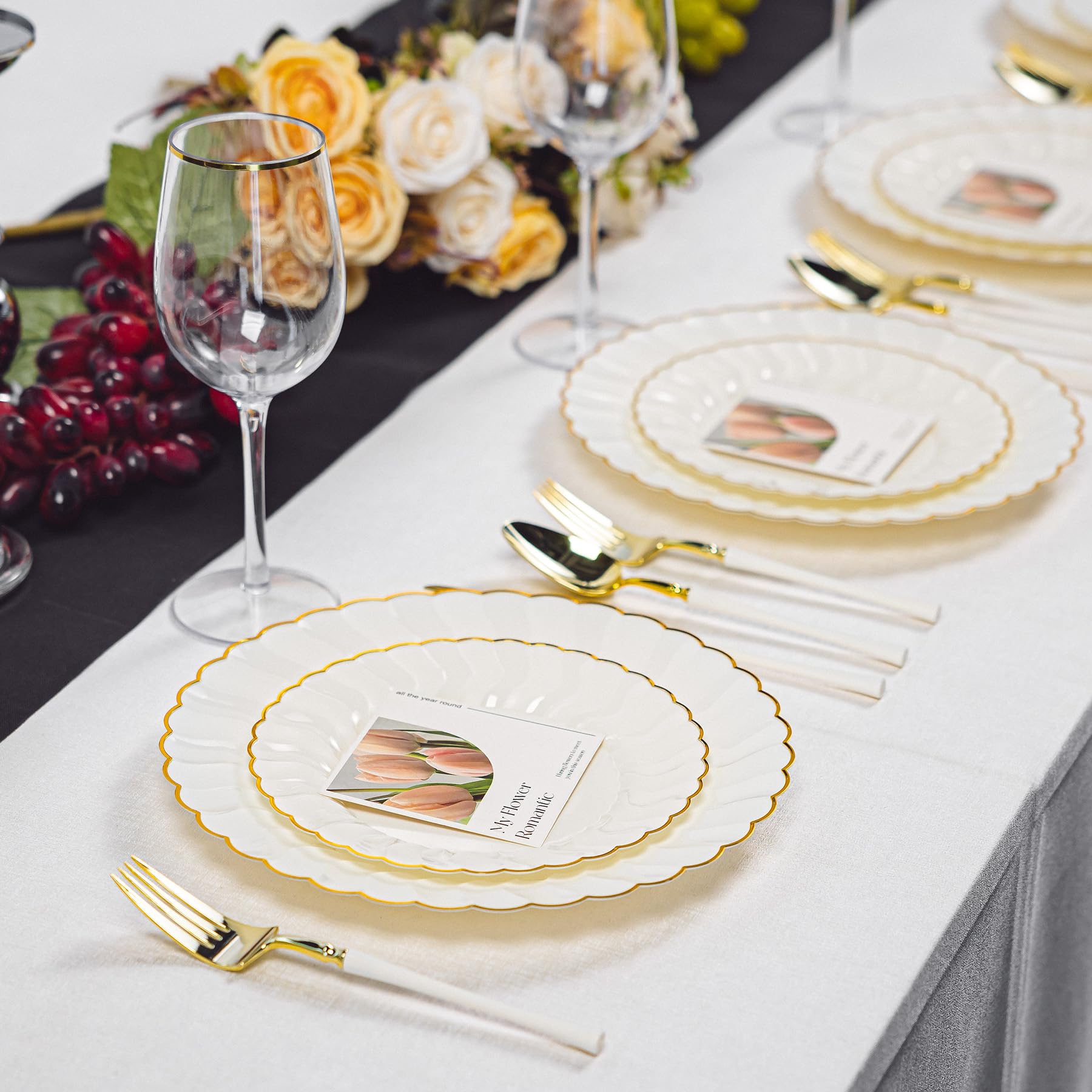 Ivory Scalloped Plates & Gold Disposable Silverware -6