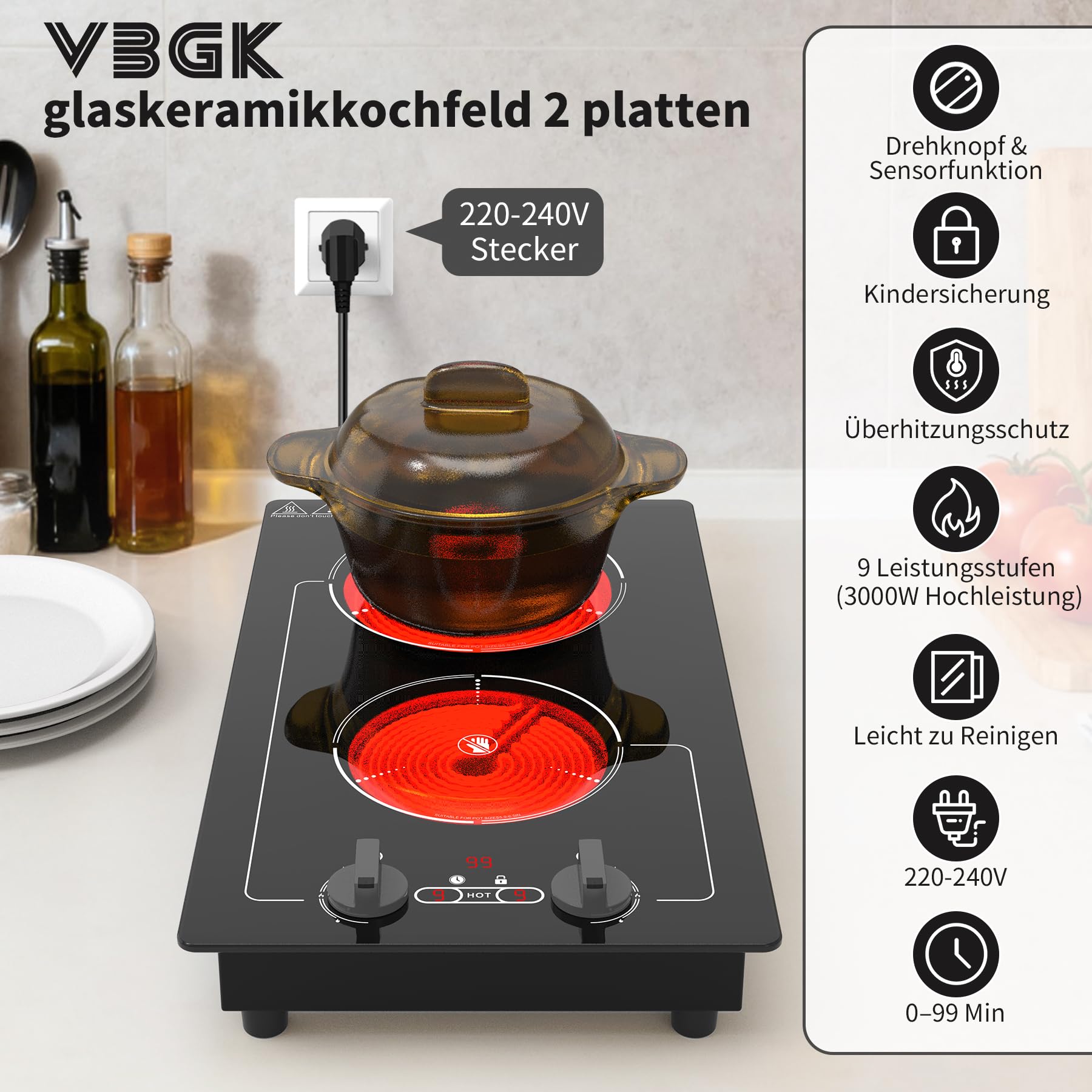 VBGK Cerankochfeld 2 Platten mit Stecker, 220V 3000W Glaskeramikkochfeld, 9 Leistungsstufen, Kindersicherung & Timer, Überhitzungsschutz, Drehknopf und Touch-Bedienung, Herdplatte 2 Kochfelder