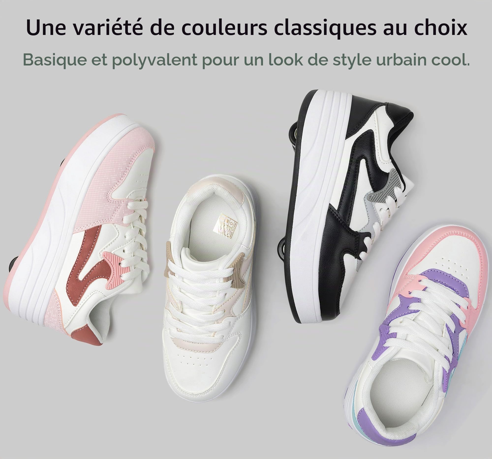 Chaussures de skate à roulettes pour enfants, garçons et filles, baskets avec roues détachables, chaussures de sport, Blanc/kaki, 36 EU