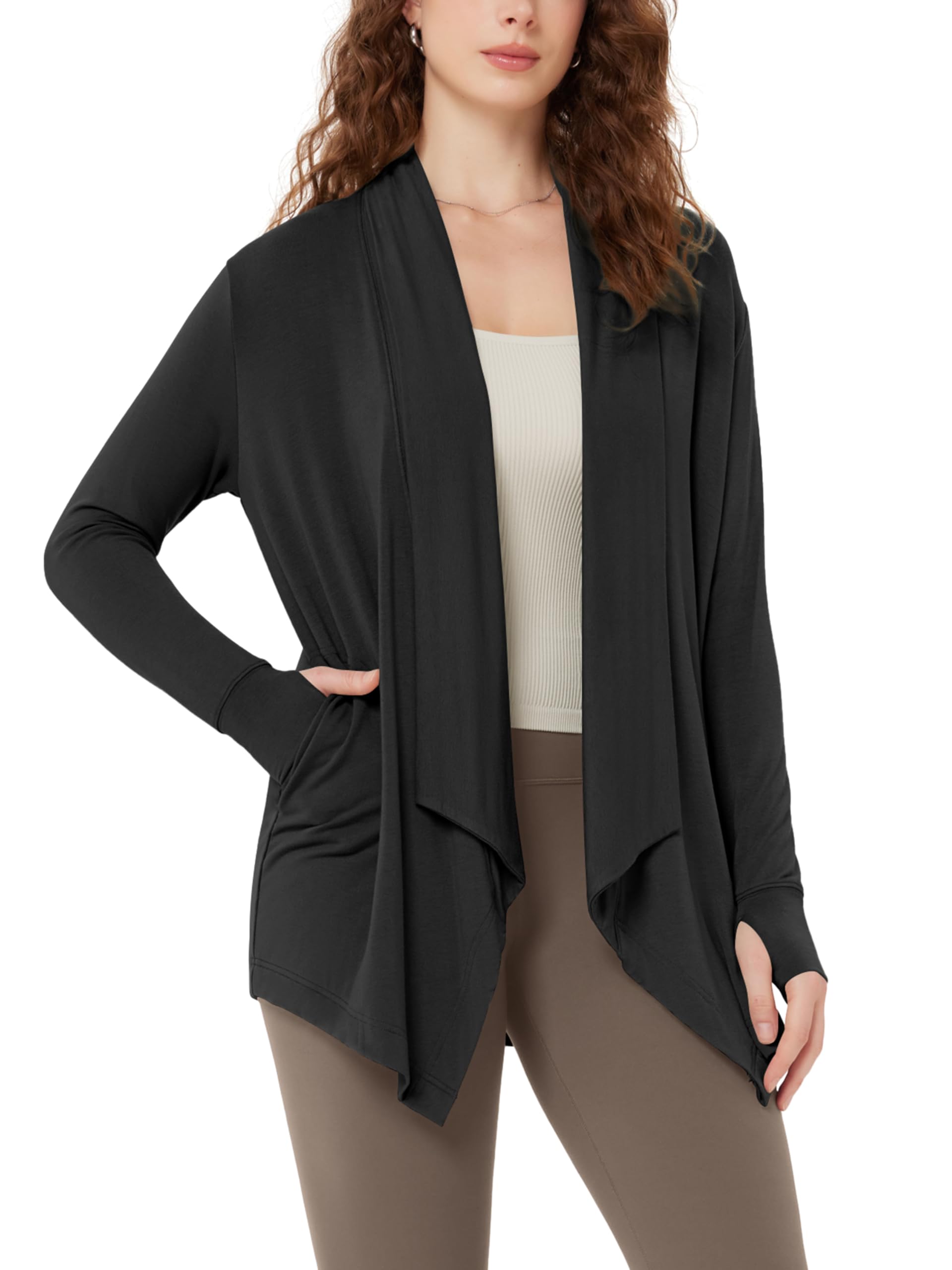 ODODOS Womens Drape Open Front Cardigans Cozy Soft Long Sleeve Casual Wrap Outerwear with Pockets Thumb Hole