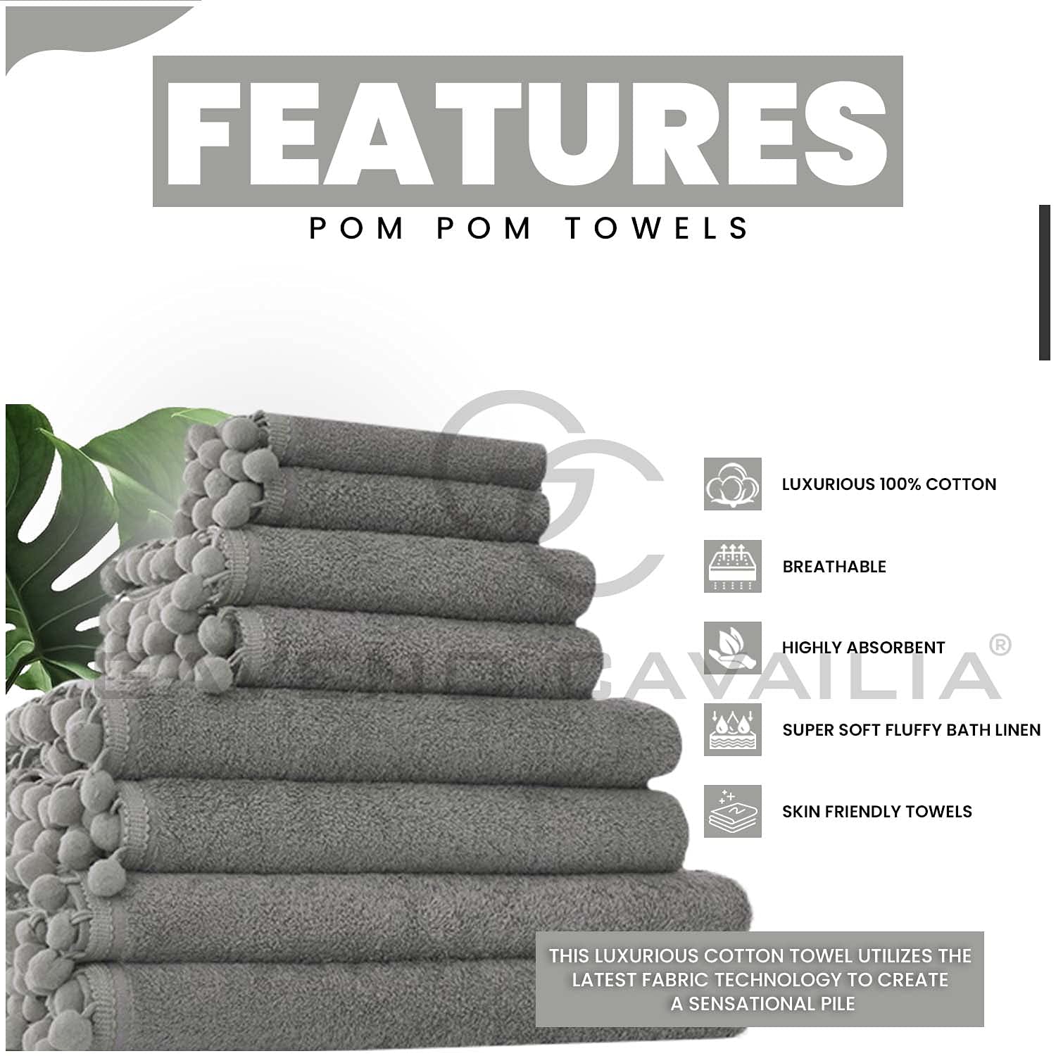 GC GAVENO CAVAILIA Premium 2PK Pom 550 GSM Egyptian Cotton Bath Towels, Soft & Cosy Super Absorbent Bathroom Accessories - Image 2
