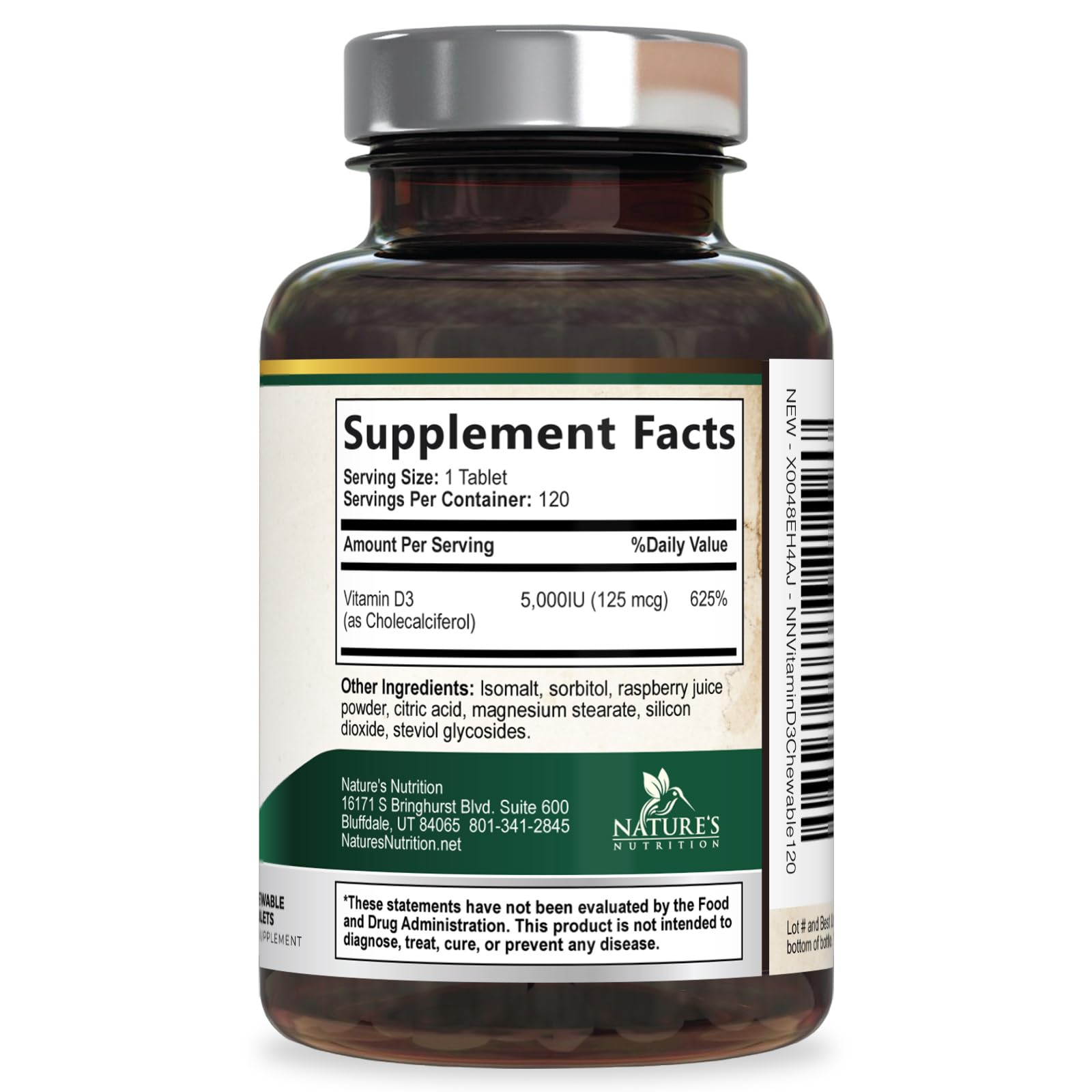 Vitamin D3 5000 IU - Extra Strength Vitamin D Chewable for Immune Health Support - Bone, Teeth and Muscle Support Supplement - Sugar Free - Tasty Raspberry Flavor - Bottled in the USA - 120 Tablets — Amazon image 9