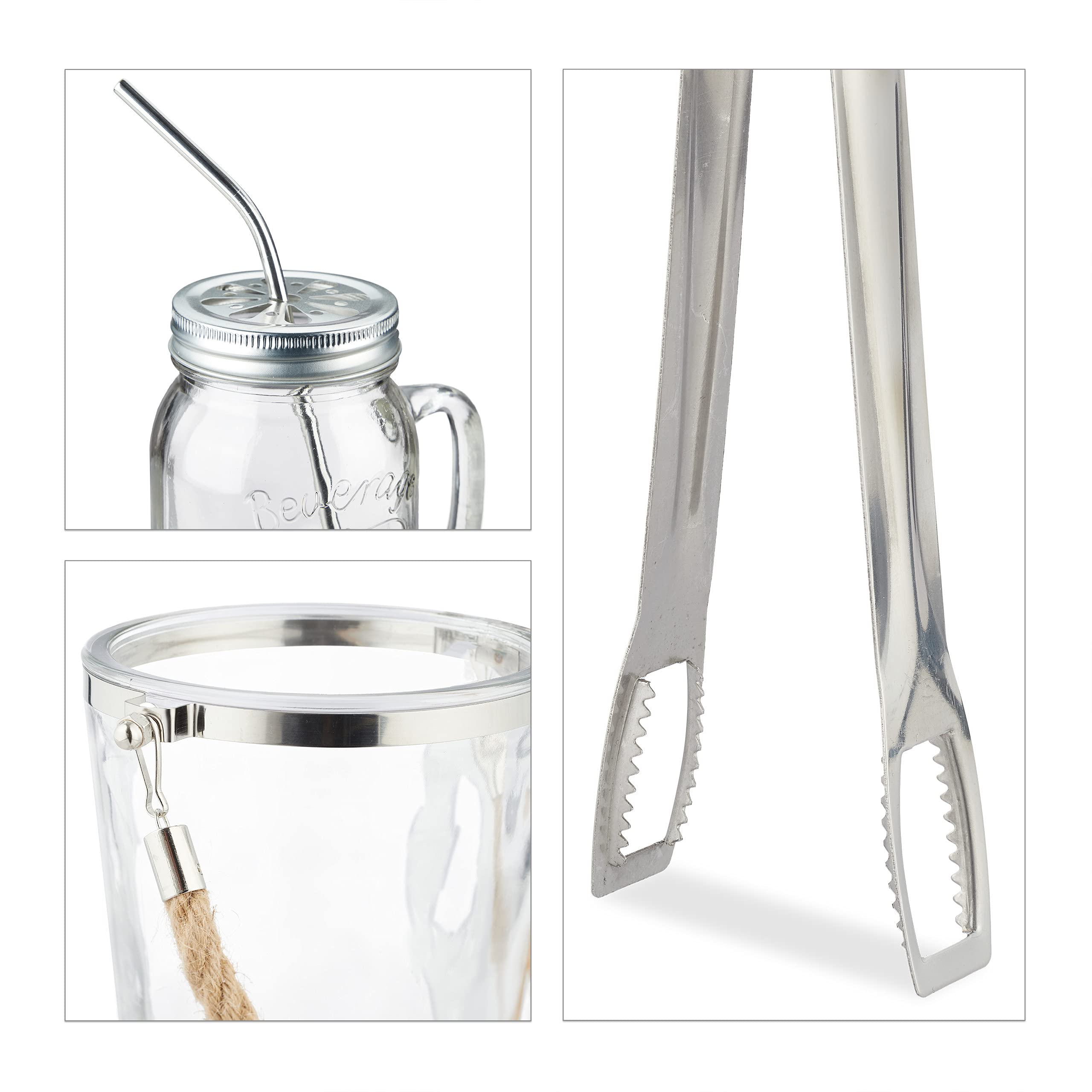 Relaxdays Bicchieri con Cannuccia Set da 4, 500 ml, con Manico, con Coperchio, Secchiello per Il Ghiaccio, Trasparenti