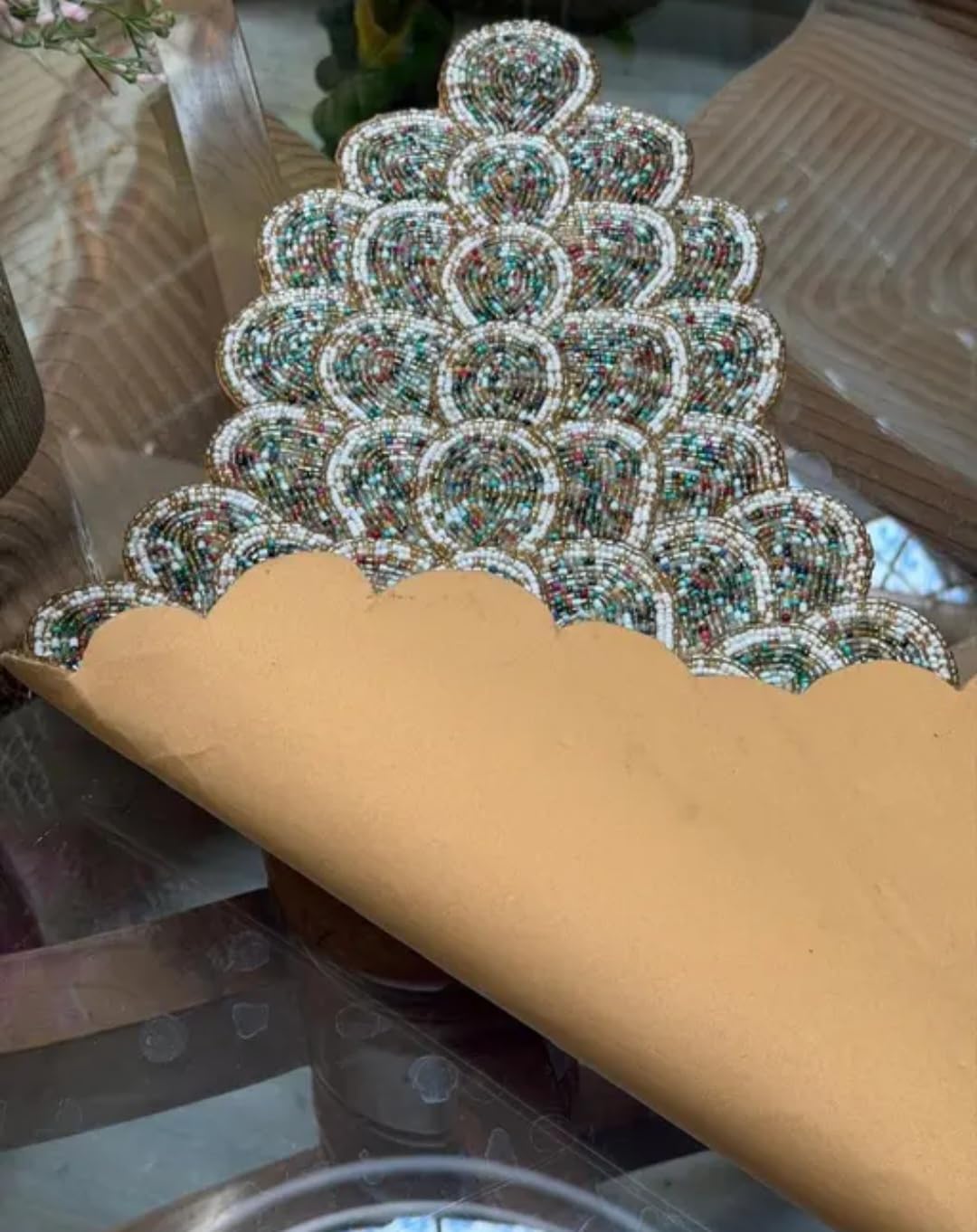 Handcrafted Beaded Table Runner, Floral Scalloped Design, Multicolor, Decorative Home Decor