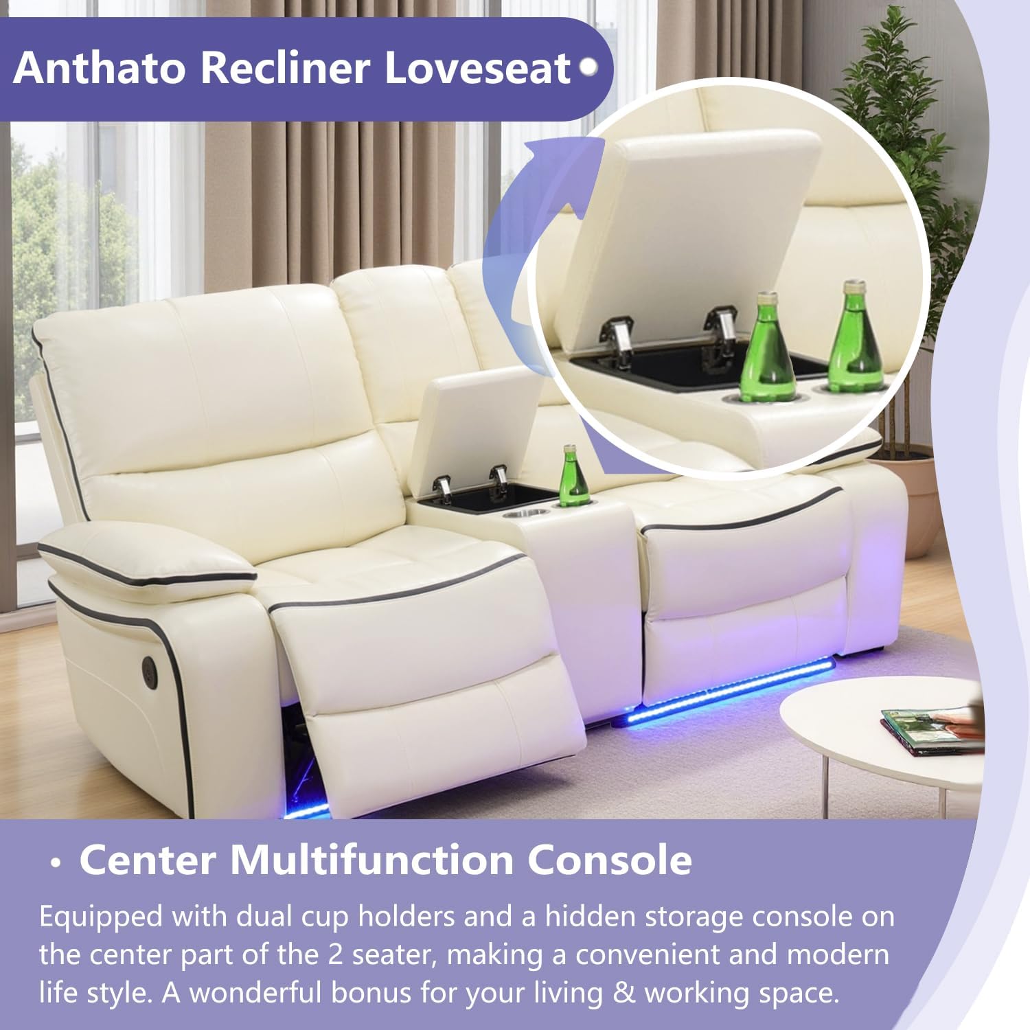 Leather Power Recliner Sofa Set, Living Room Furniture Sets, Reclining Sofa, Loveseat and Chair with Cup Holders/Storage, Breathing Leather Couch Funiture for Living Room, 3PCS, Cream White#2