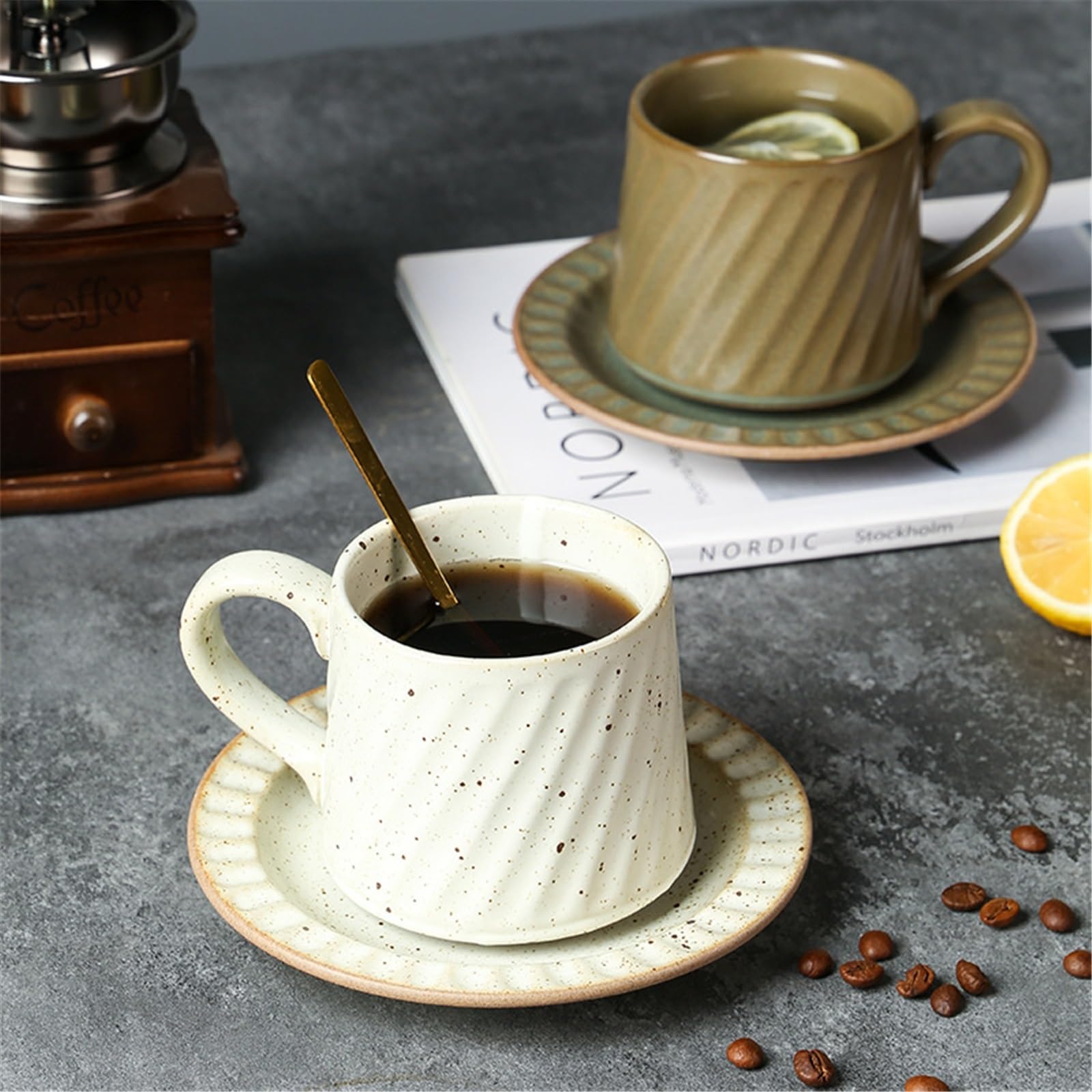 Taza de café Taza de cerámica a rayas retro latte, taza café europea sencilla vertida a mano, gris, con juego platillo y cuchara Tazas