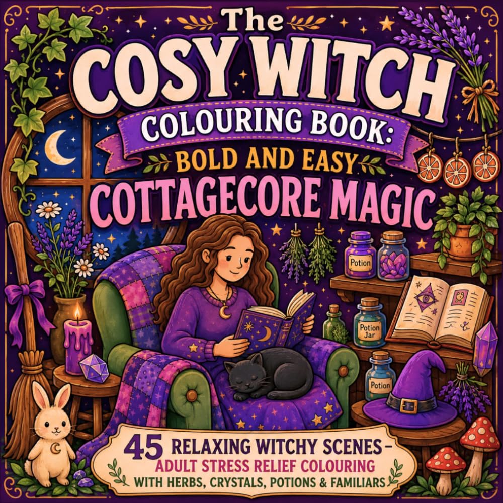 The Cosy Witch Colouring Book: Bold and Easy Cottagecore Magic: 45 Relaxing Witchy Scenes — Adult Stress Relief Colouring with Herbs, Crystals, Potions & Familiars