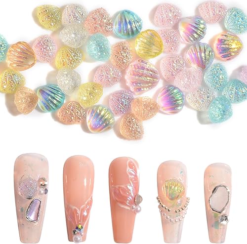 Miniatura 6 de Dijes de resina para uñas de concha de mar, sirena iridiscente, 3D, encantos de uñas con temática oceánica de verano, diamantes de imitación de uñas