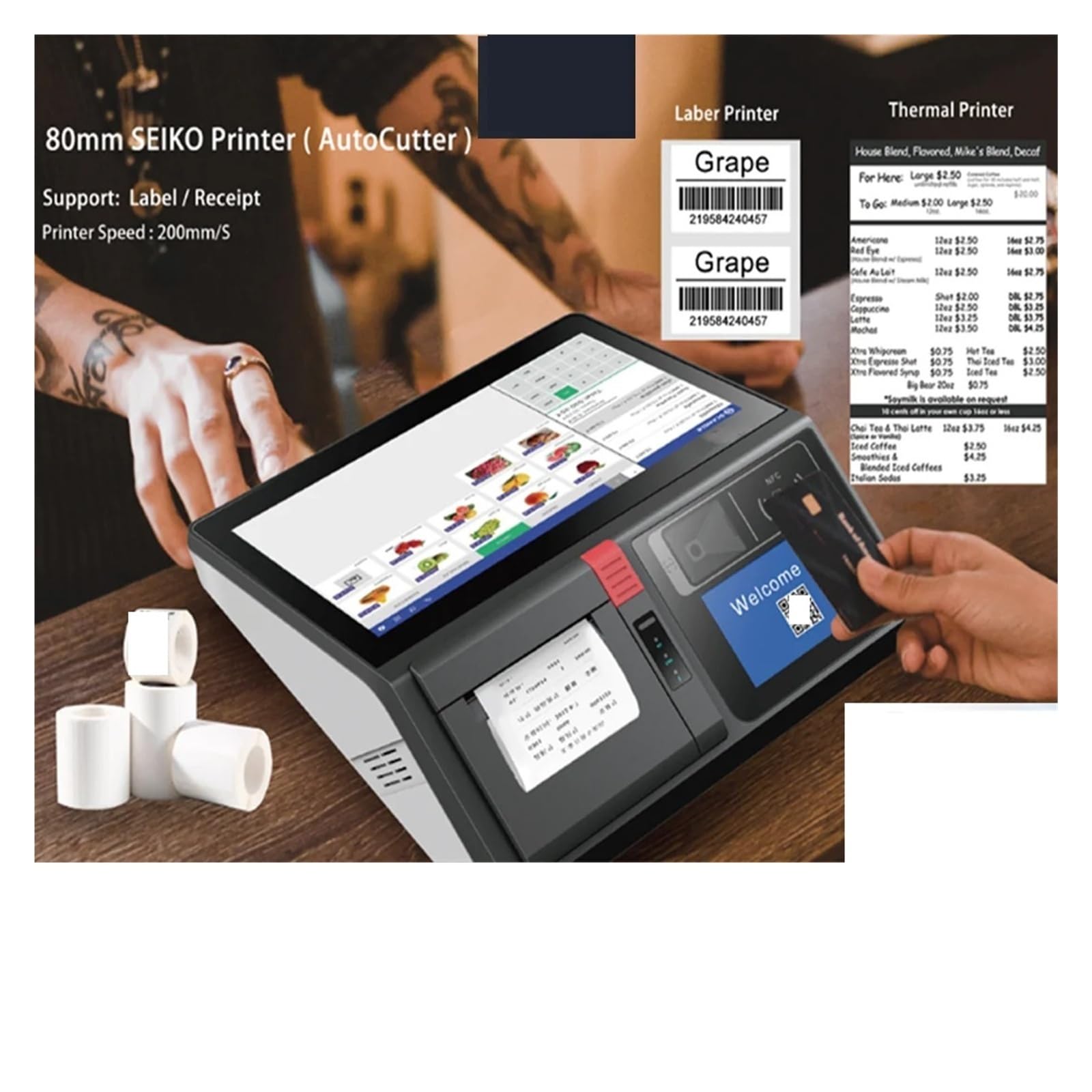 Registratori di cassa, Stampante for ricevute cassiere POS da 80 mm con touch screen 11,6 pollici for registratore di cassa for aziende