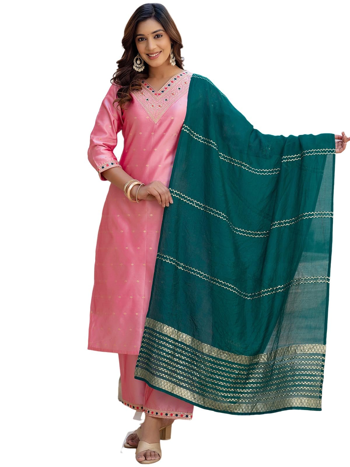 Sanisa Women's Tafetta Embroidery And Sequins Work & Weaving Straight Kurta With Pant And Dupatta Set (204Kbd2166N-L_Dull Pink)