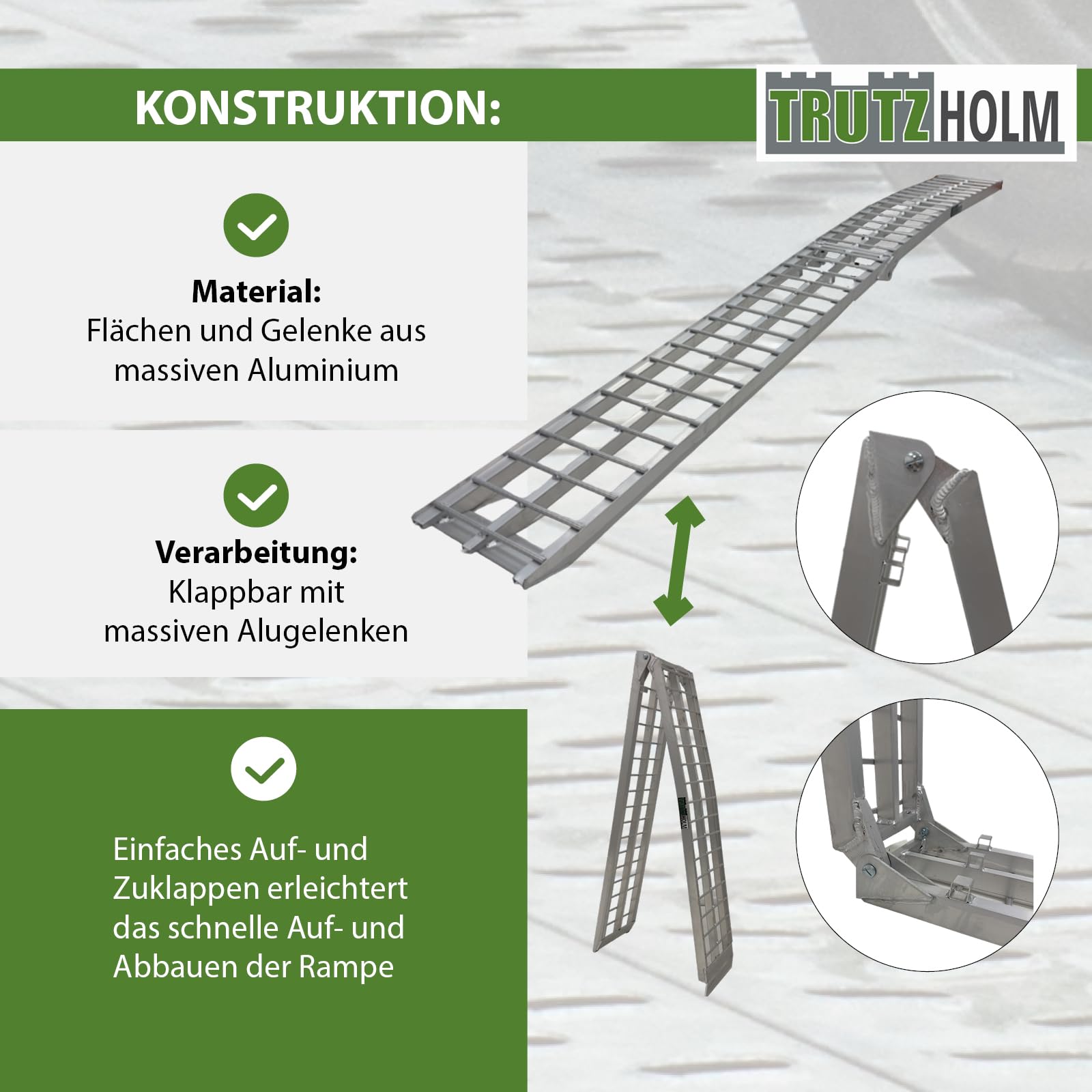 TRUTZHOLM Auffahrrampe klappbar 305 cm Traglast 272 kg Aluminium | Verladerampe für Motorrad Roller leichte Cruiser inkl. Spanngurt