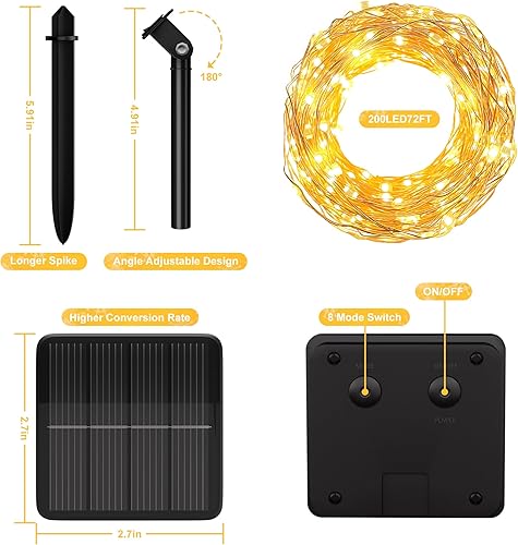 Miniatura 6 de Guirnalda de luces solares para exteriores, 200 luces LED de 72 pies para exteriores, impermeables, con 8 modos, luces solares al aire libre para