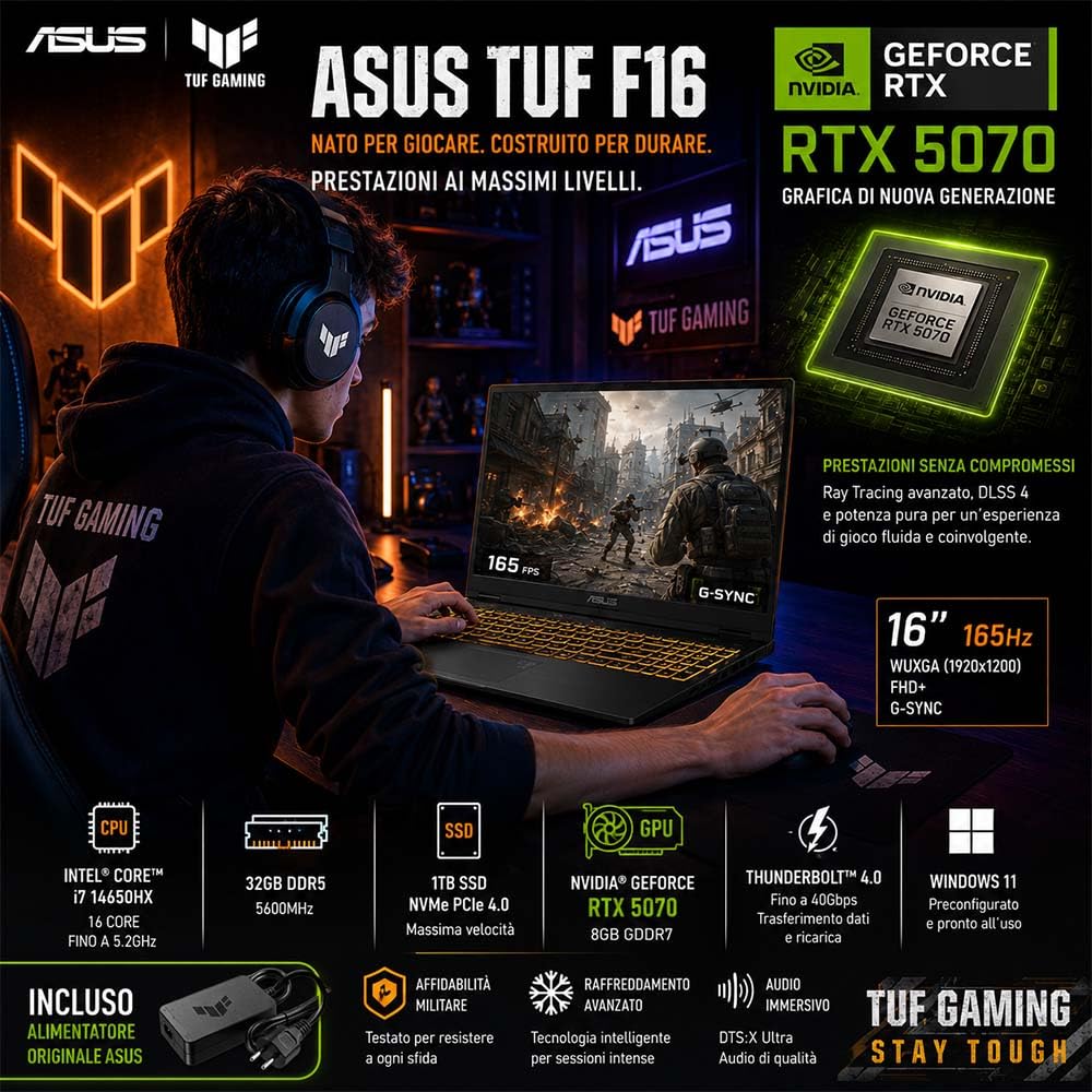 ASUS TUF F16 Notebook Gaming,Intel Core i7 14650HX, RAM 32Gb DDR5 | SSD 1Tb, Display G-Sync 16" WUXGA 165 Hz FHD+, NVIDIA GeForce RTX 5070 8GB GDDR7, Thunderbolt, Ready to use, Gar. 3 anni