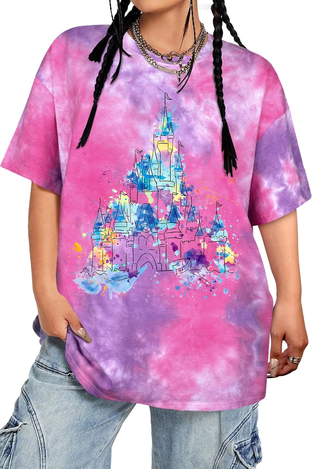 Tie Dye Shirt Women - Oversized Tie Dye T Shirt Short Sleeve Round Neck Casual Trendy Graphic Tee for Girls Smudging Castle Large Short
