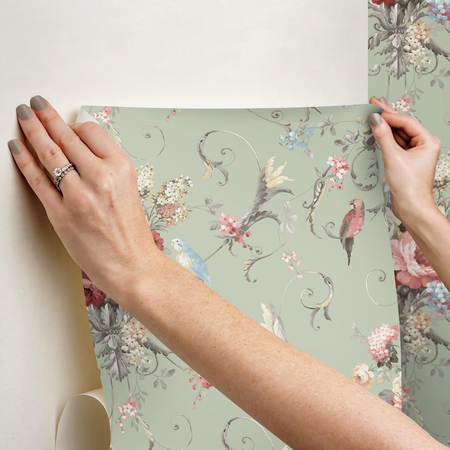 York Wallcoverings PSW1361RL Eucalyptus Parrots with Floral Bouquets Premium Peel and Stick Wallpaper