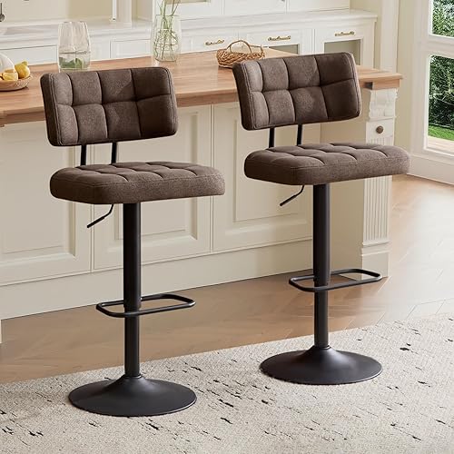 Miniatura 11 de Juego de 2 taburetes de bar giratorios de altura ajustable, taburetes de barra de tela de lino sin brazos con reposapiés para cocina, hogar, bar,