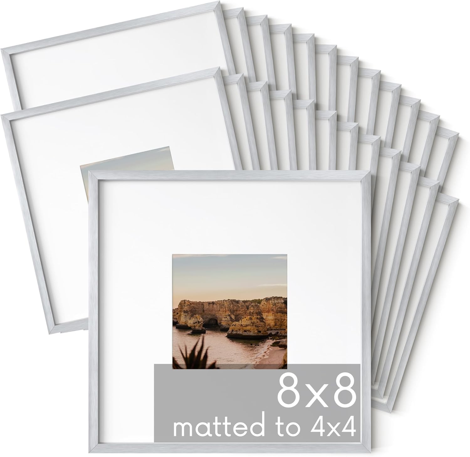 HAUS AND HUES 8x8 Silver Metal Picture Frames Matted to 4x4 - Features Premium Aluminum & Hanging Hardware, Shatterproof Plexiglass - Ideal for Home, Room, Office (8x8 in, Silver, Set of 25)