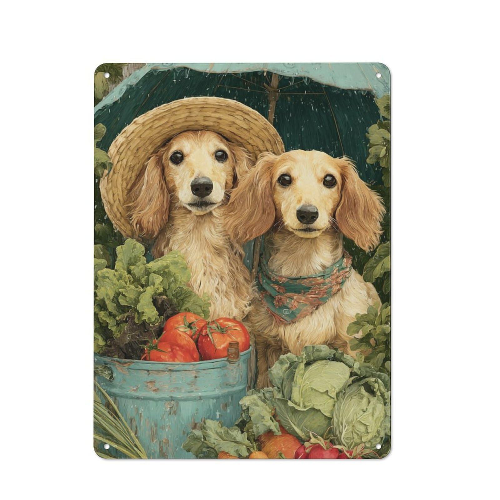 Junmoney Dogs In The Rain With Vegetables Tin Wall Plaque 40X30cm With For Living Room Wall, Gift For Feature Wall Decorators During The Christmas Season