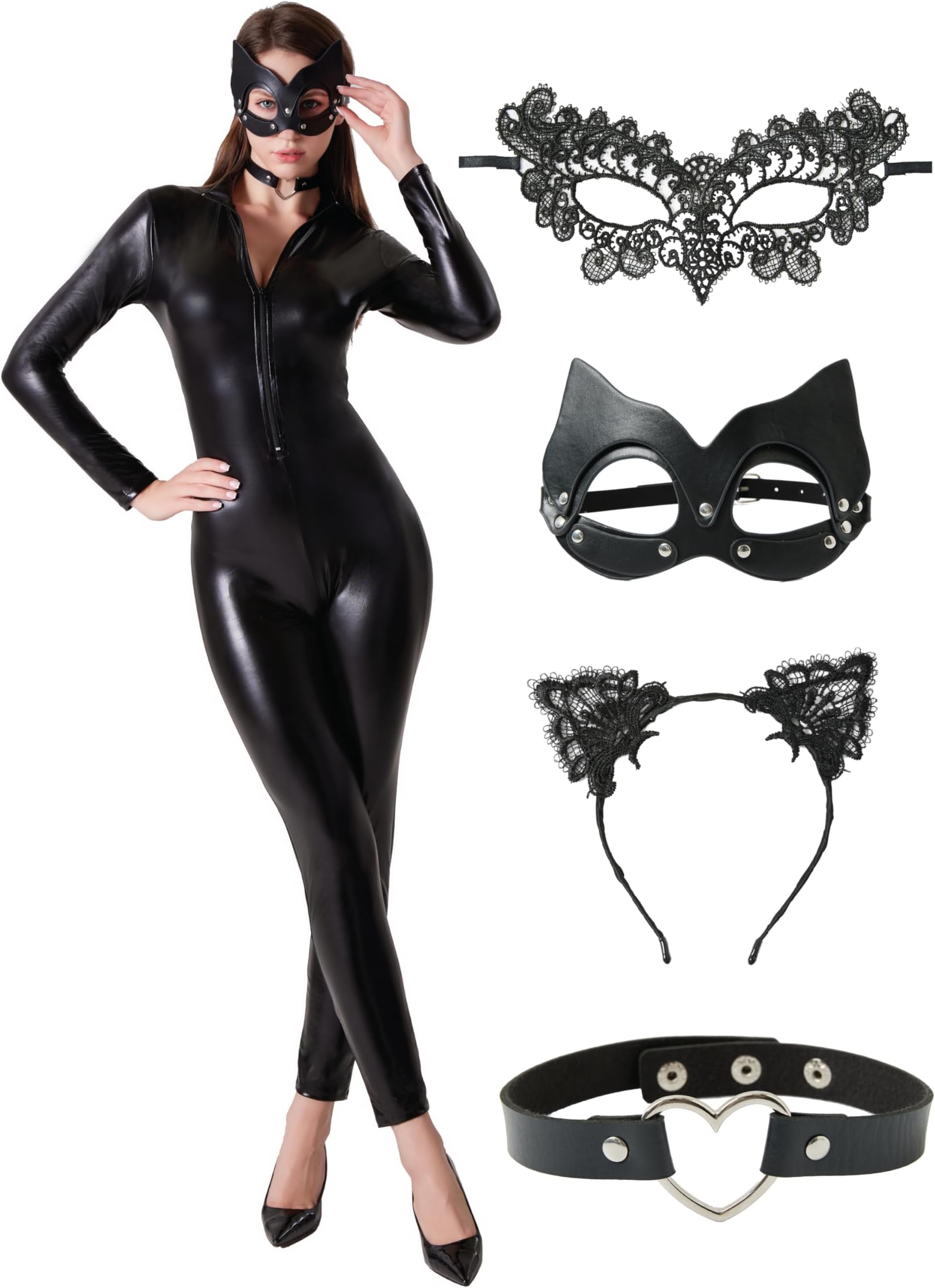 Leather Catsuit Costume Bodysuit for Women 5 Piece Latex Jumpsuit include 2 Masks, Choker, and Cat Ears