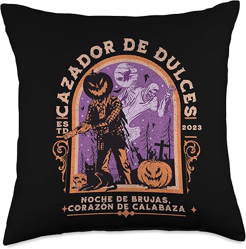 Leo's Print Shop Halloween en Espanol Cara de Calabaza Fantasma Aterradora Throw Pillow, 18x18, Multicolor