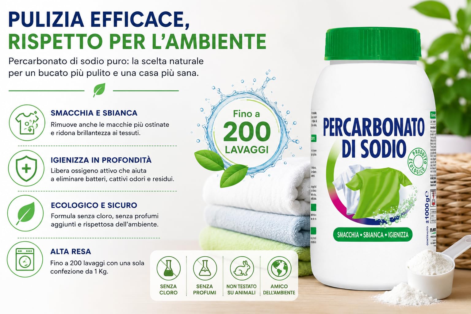 Percarbonato di Sodio Puro 1 Kg – Smacchiante, Sbiancante e Igienizzante Ecologico per Bucato e Pulizia – Fino a 200 Lavaggi